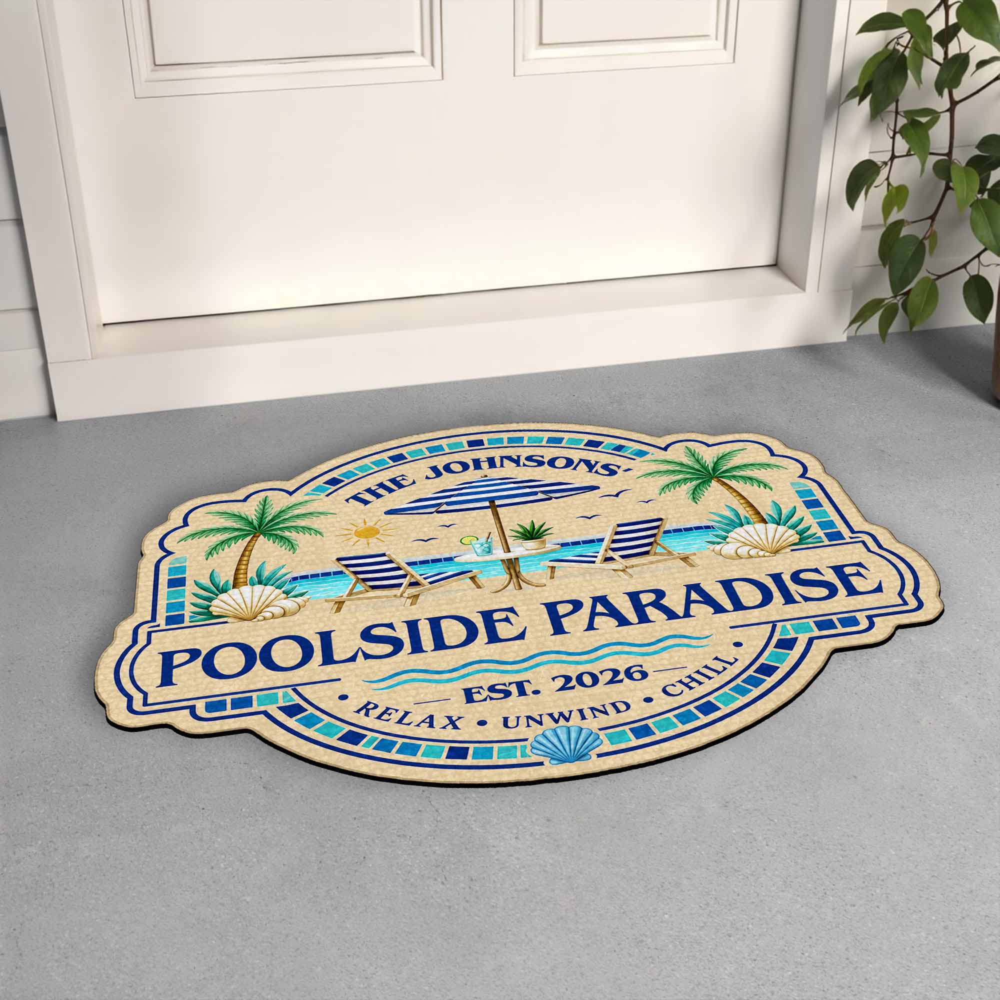 Personalized Custom-Shaped Doormat Family Name Palm Trees Beach Chairs Doormat GradoCreations