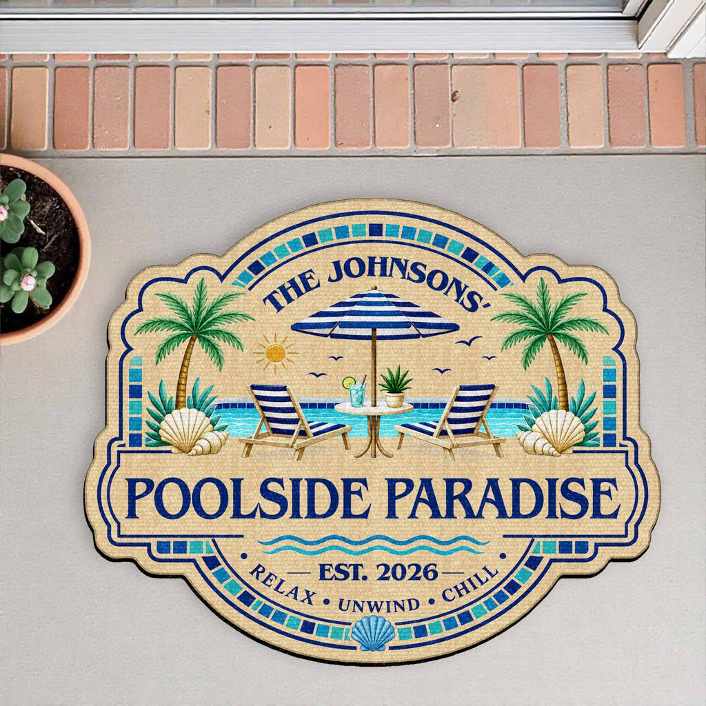 Personalized Custom-Shaped Doormat Family Name Palm Trees Beach Chairs Doormat GradoCreations