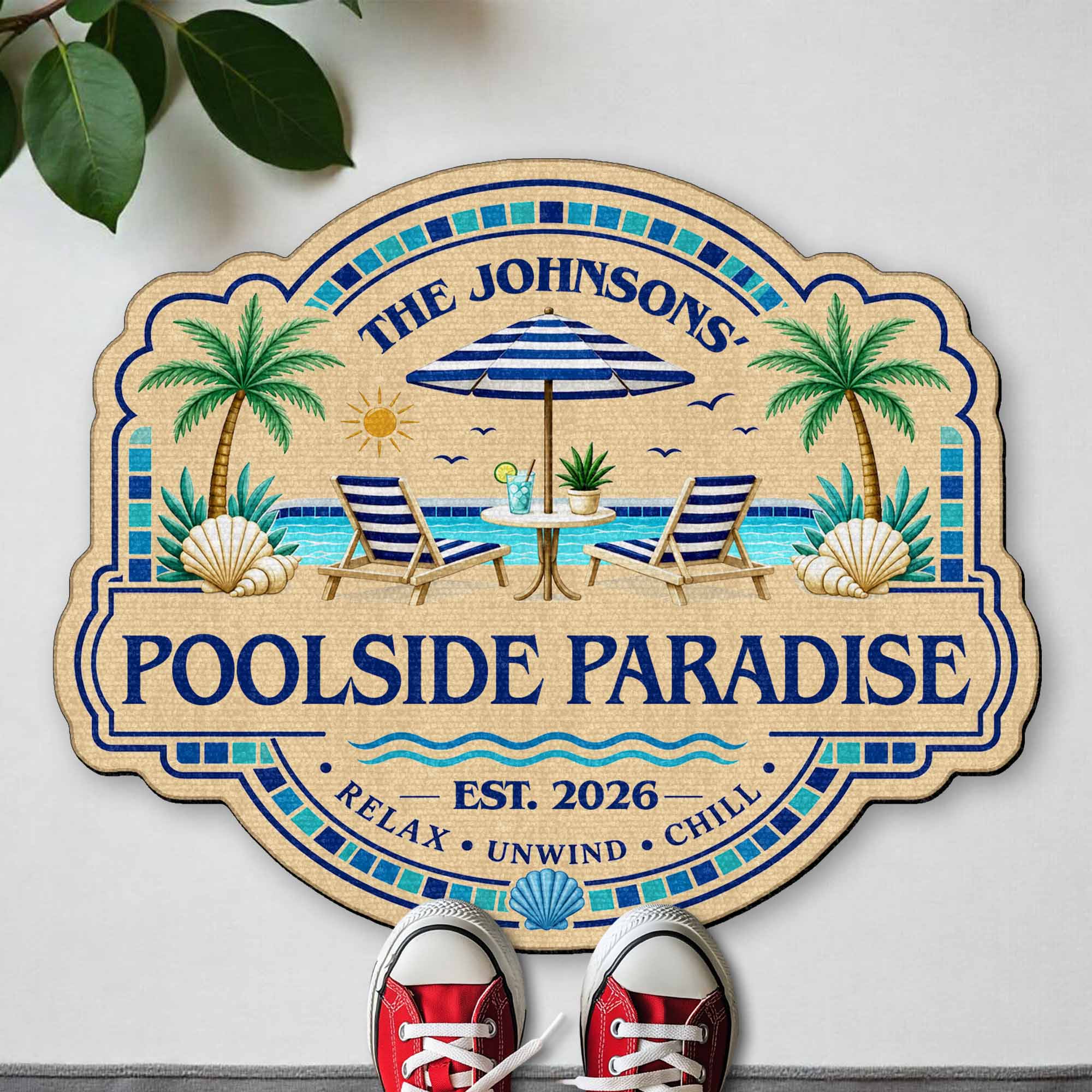 Personalized Custom-Shaped Doormat Family Name Palm Trees Beach Chairs Doormat GradoCreations