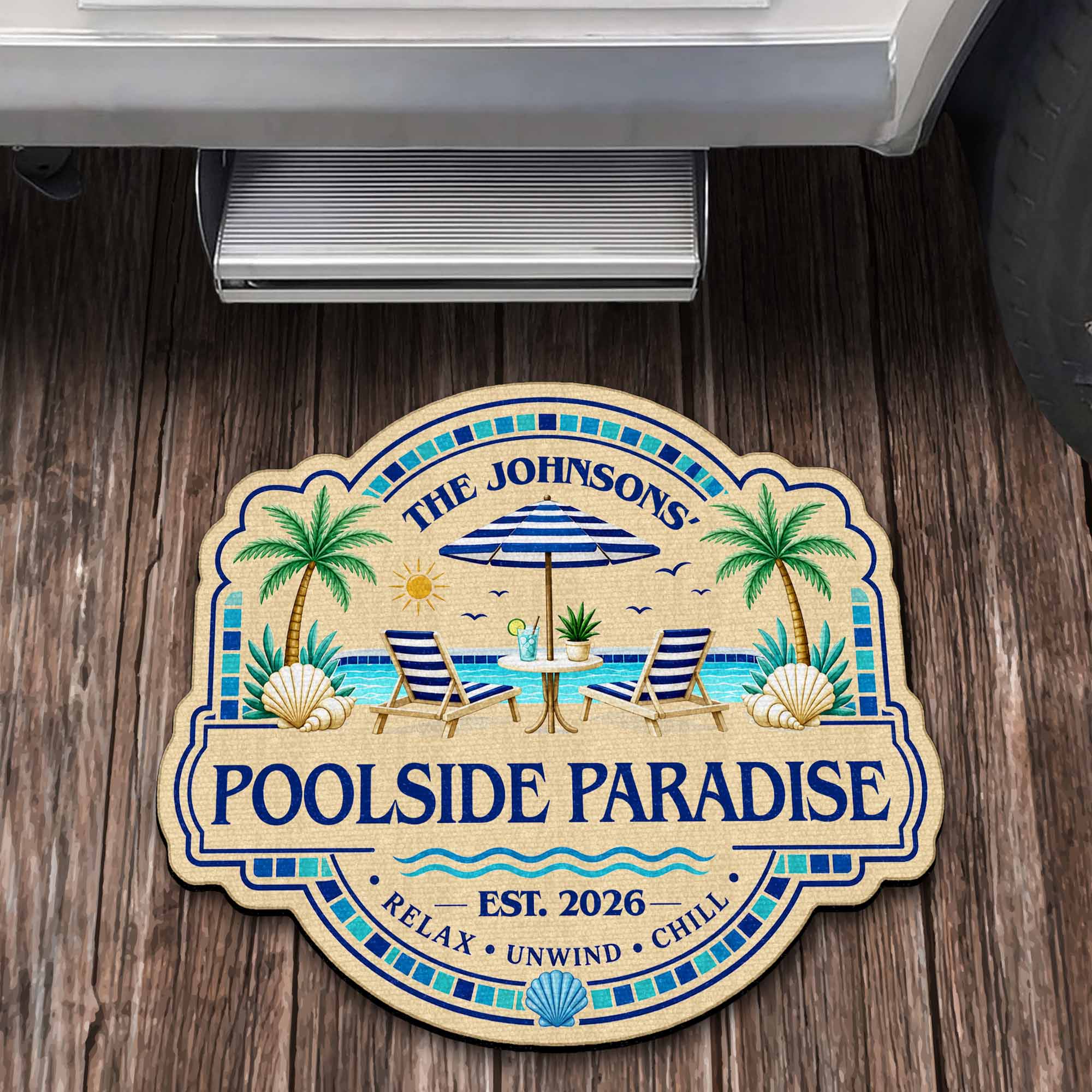 Personalized Custom-Shaped Doormat Family Name Palm Trees Beach Chairs Doormat GradoCreations
