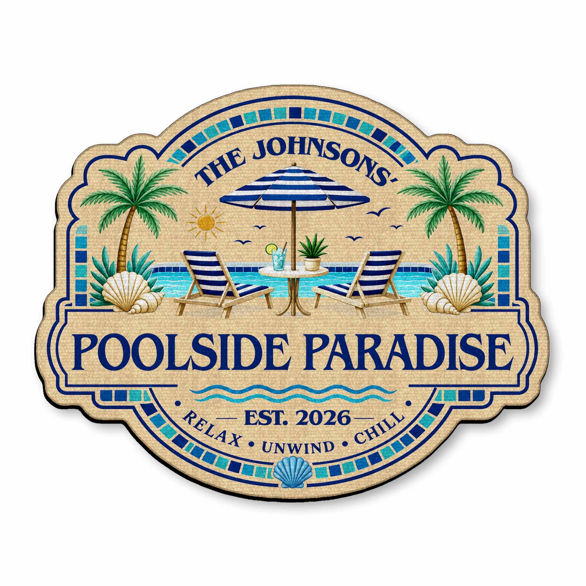 Personalized Custom-Shaped Doormat Family Name Palm Trees Beach Chairs Doormat GradoCreations