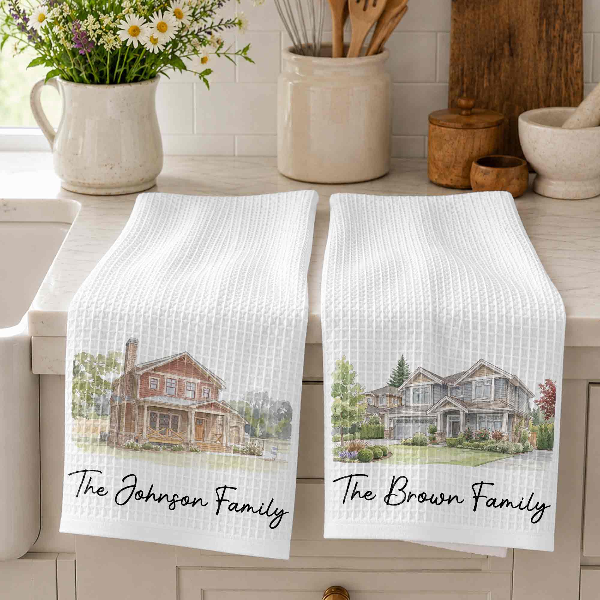 Personalized Kitchen Towel Custom Family Watercolor Design Gift Kitchen Towel GradoCreations