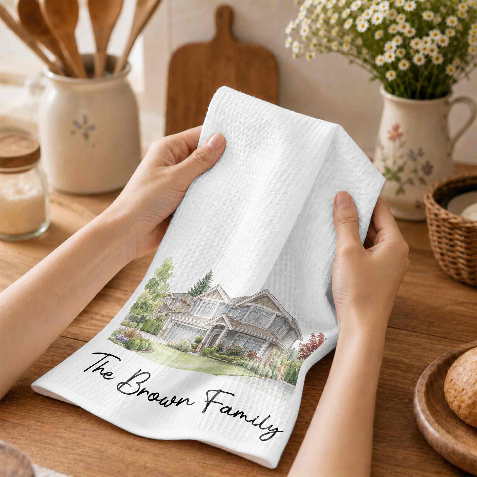 Personalized Kitchen Towel Custom Family Watercolor Design Gift Kitchen Towel GradoCreations