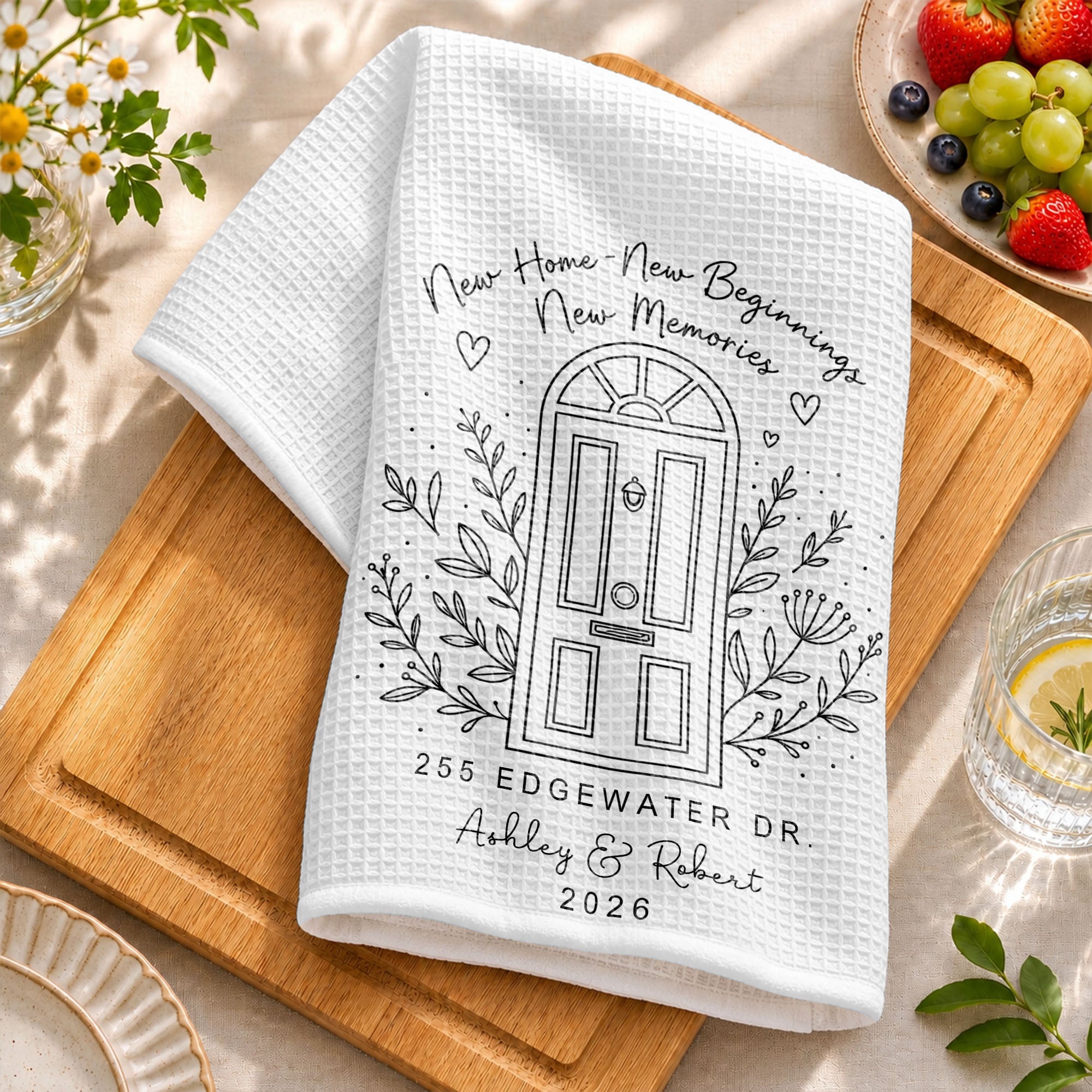 Personalized Floral Heart Kitchen Towel Custom Name Gift for Family Kitchen Towel GradoCreations