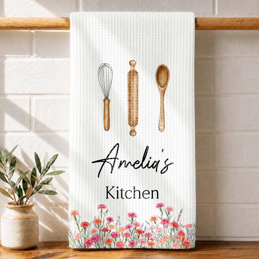 Personalized Kitchen Towel Custom Name Flowers Gift for Mom Kitchen Towel GradoCreations