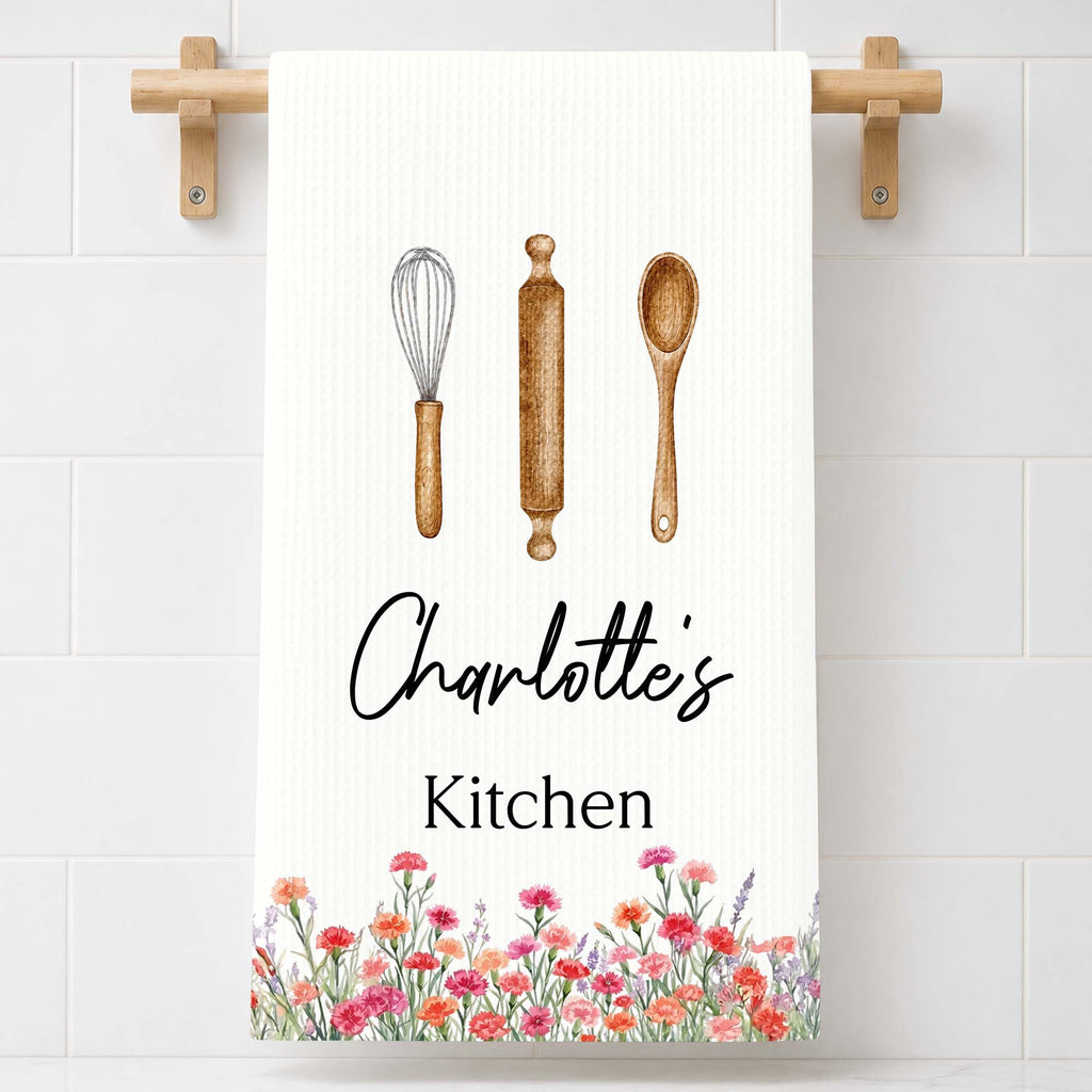 Personalized Kitchen Towel Custom Name Flowers Gift for Mom Kitchen Towel GradoCreations