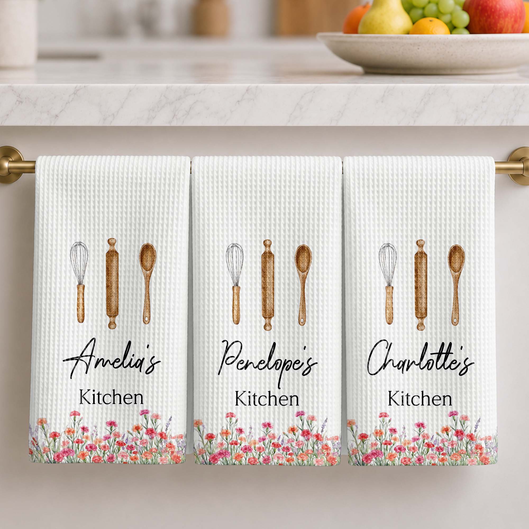Personalized Kitchen Towel Custom Name Flowers Gift for Mom Kitchen Towel GradoCreations