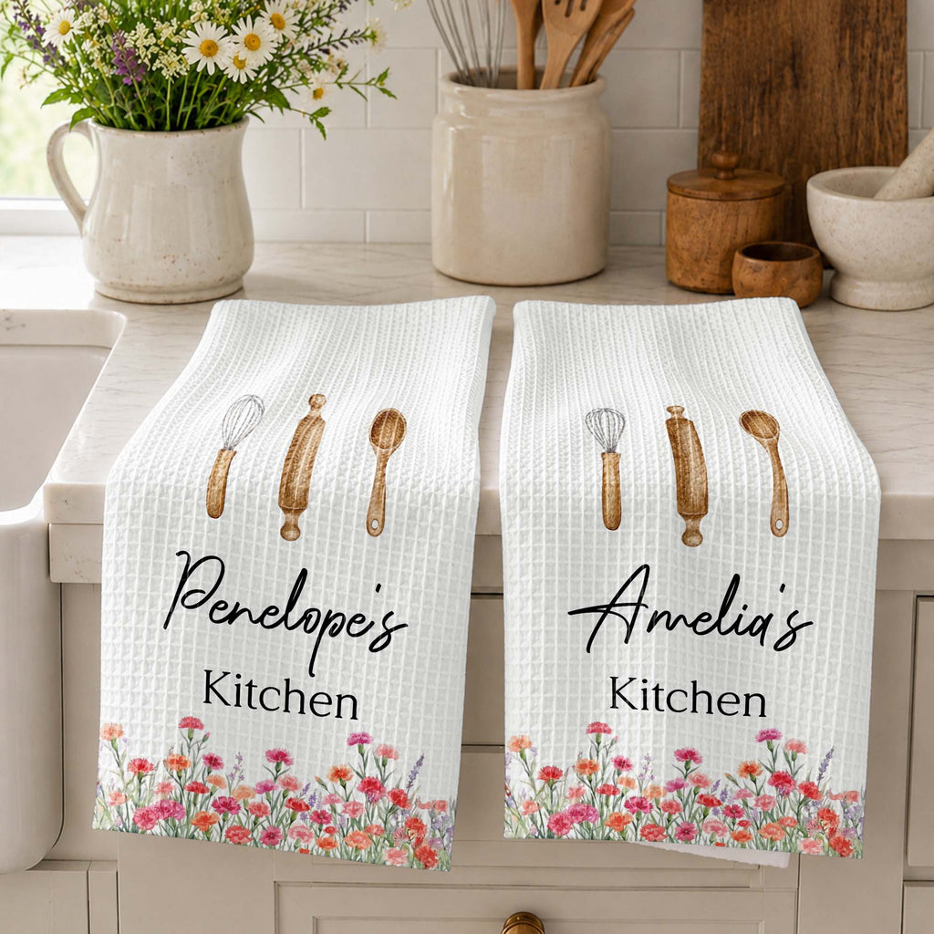 Personalized Kitchen Towel Custom Name Flowers Gift for Mom Kitchen Towel GradoCreations