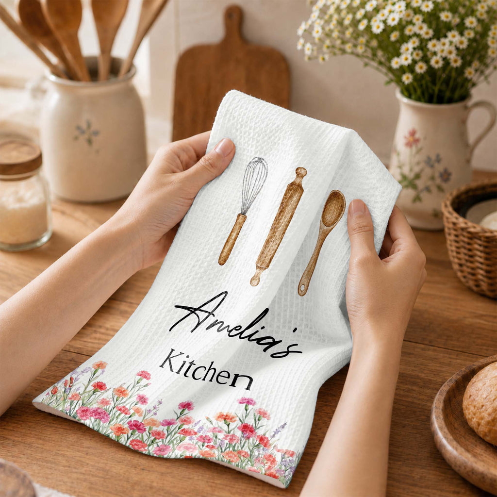 Personalized Kitchen Towel Custom Name Flowers Gift for Mom Kitchen Towel GradoCreations