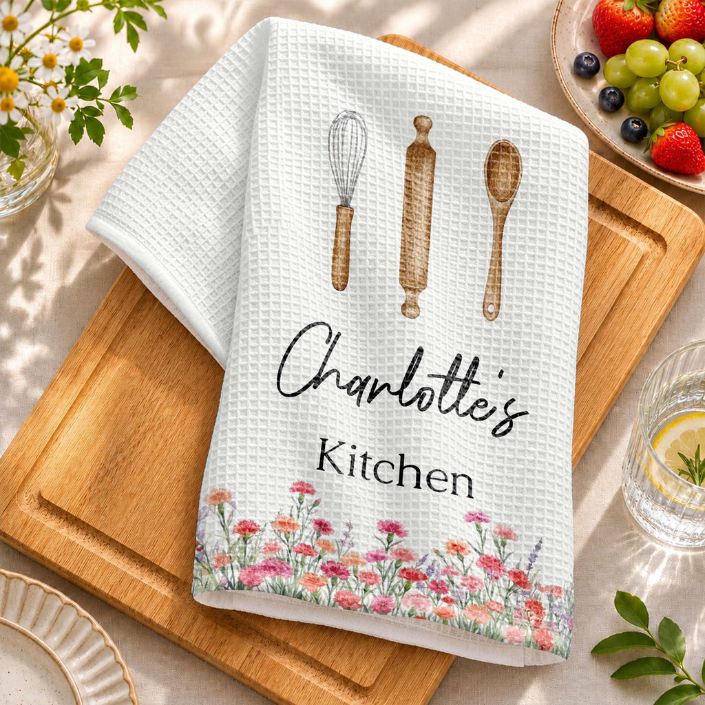 Personalized Kitchen Towel Custom Name Flowers Gift for Mom Kitchen Towel GradoCreations