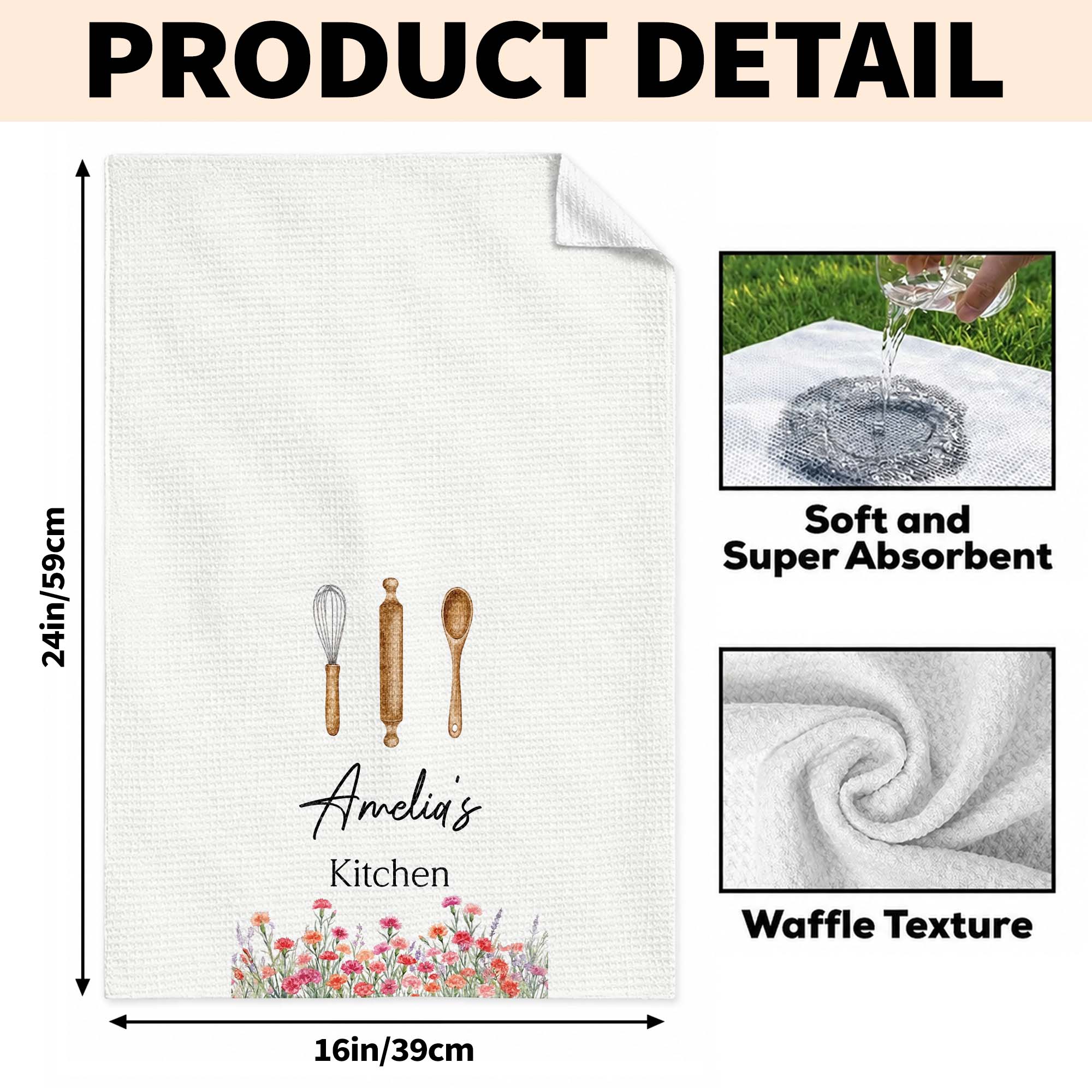 Personalized Kitchen Towel Custom Name Flowers Gift for Mom Kitchen Towel GradoCreations