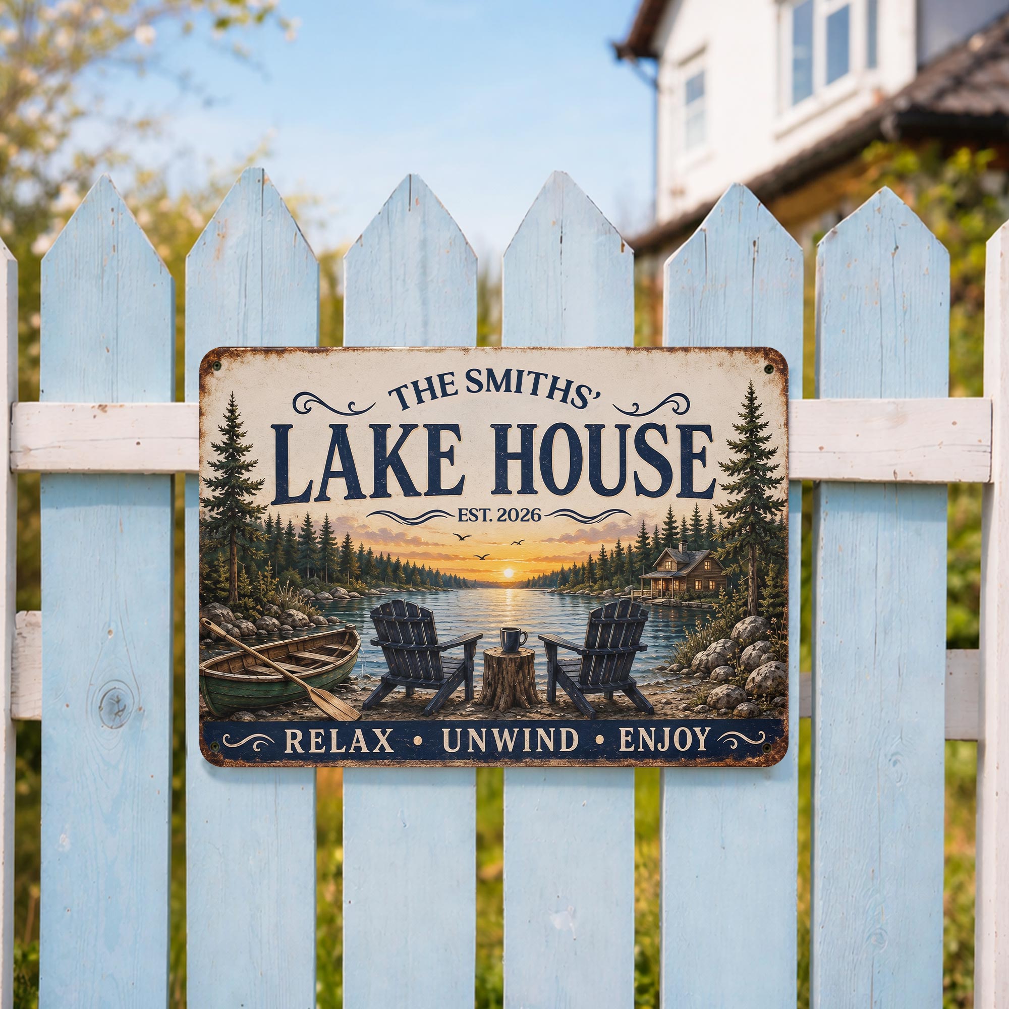 Personalized Lake House Metal Sign Custom Name Gift Metal Sign GradoCreations