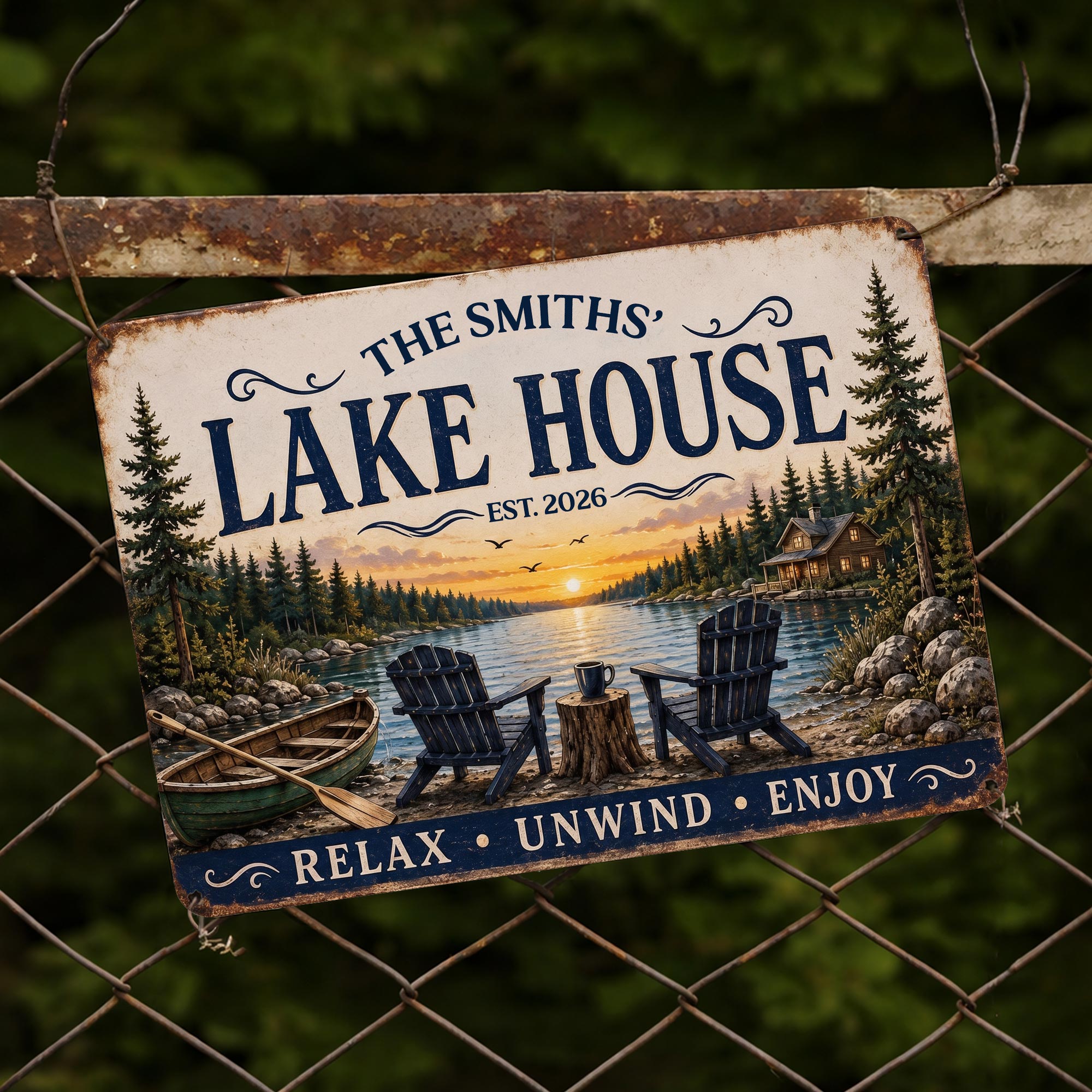 Personalized Lake House Metal Sign Custom Name Gift Metal Sign GradoCreations