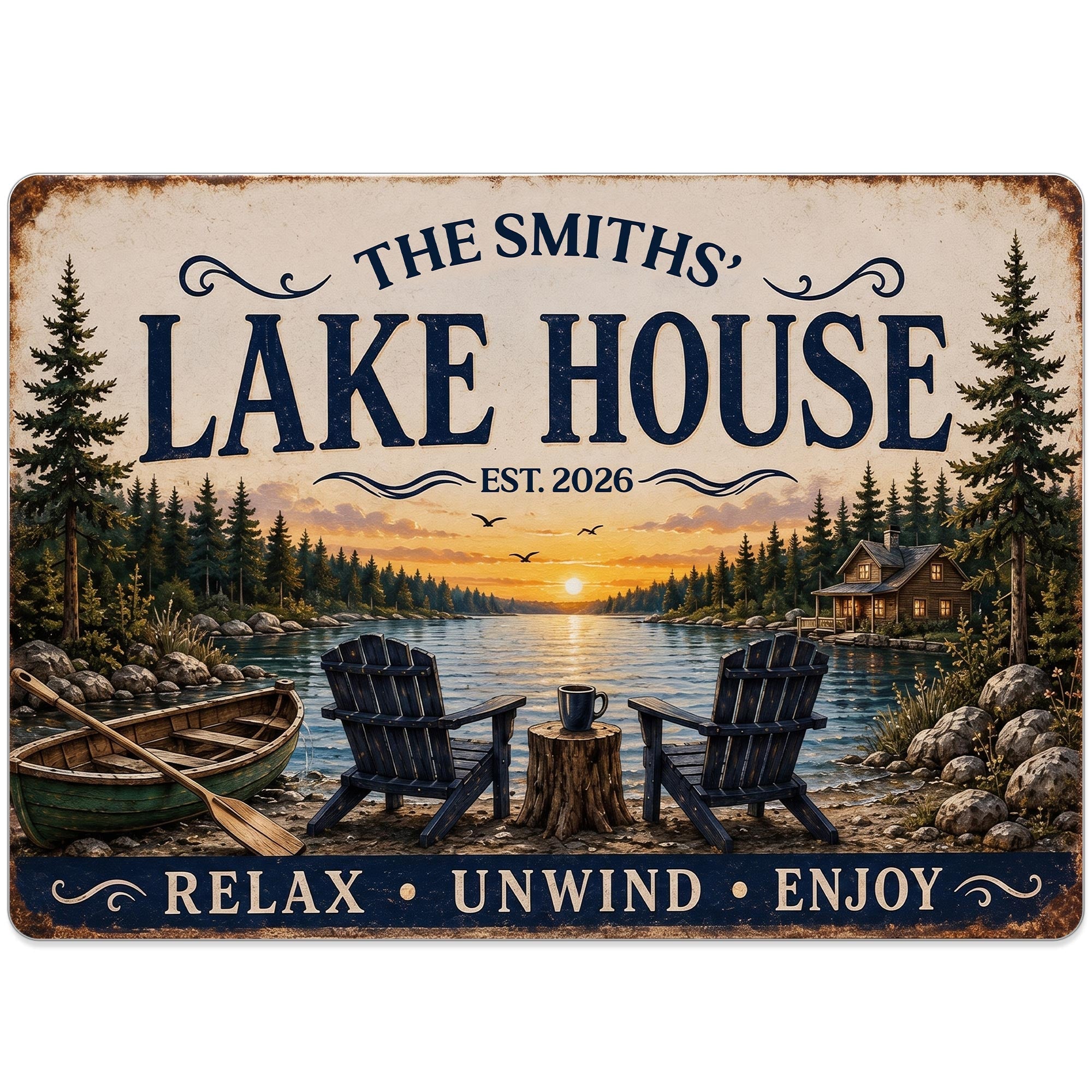 Personalized Lake House Metal Sign Custom Name Gift Metal Sign GradoCreations
