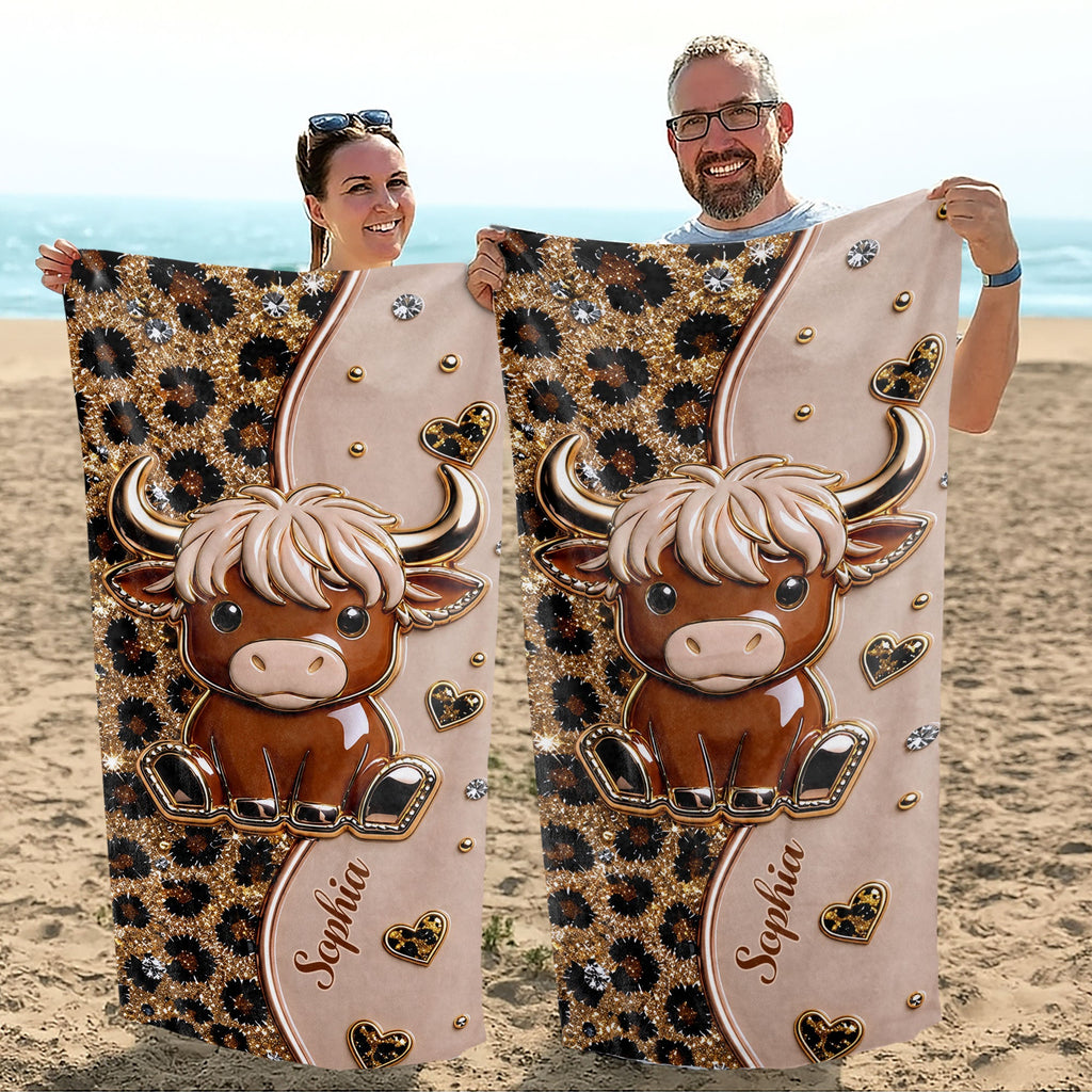 Personalized Highland Cow Leopard Print Beach Towel Gift
