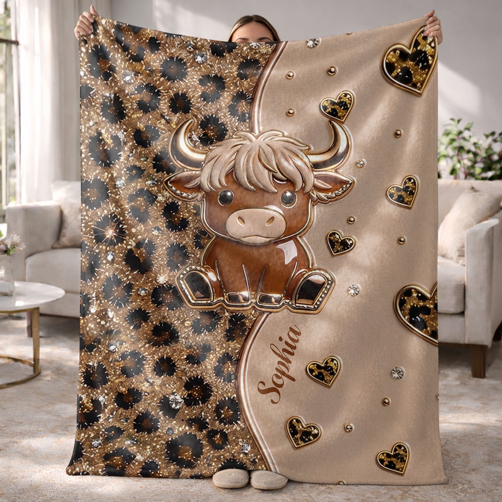 Personalized Highland Cow Blanket with Hearts Custom Gift for Animal Lovers