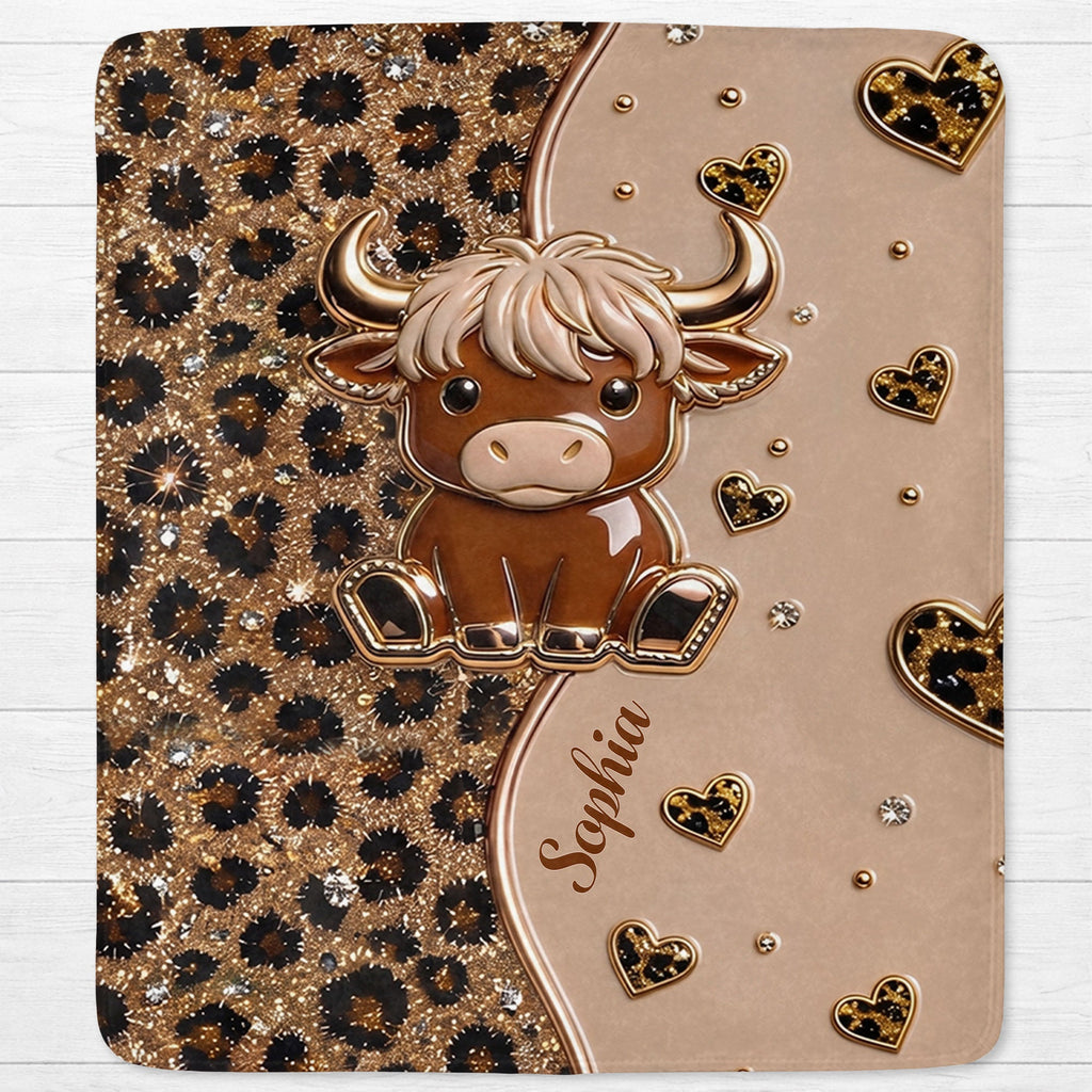 Personalized Highland Cow Blanket with Hearts Custom Gift for Animal Lovers