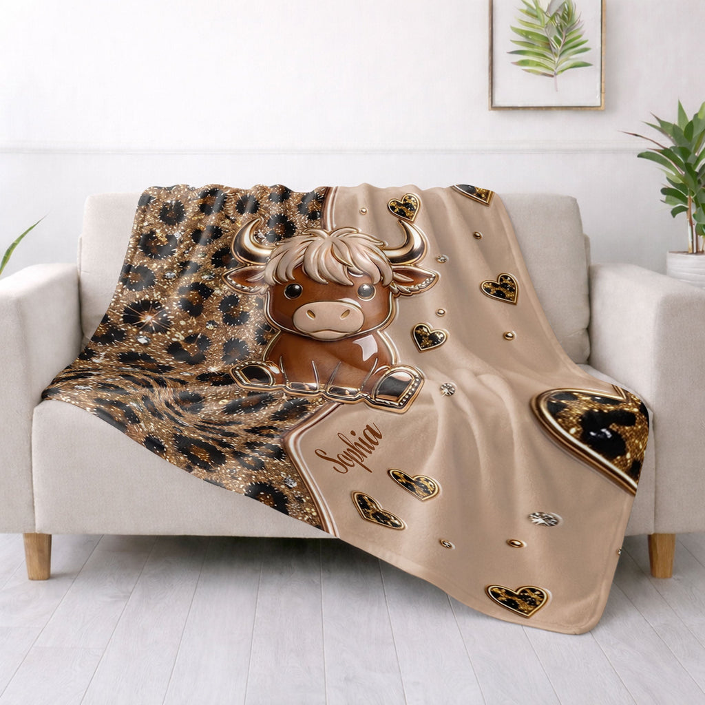 Personalized Highland Cow Blanket with Hearts Custom Gift for Animal Lovers