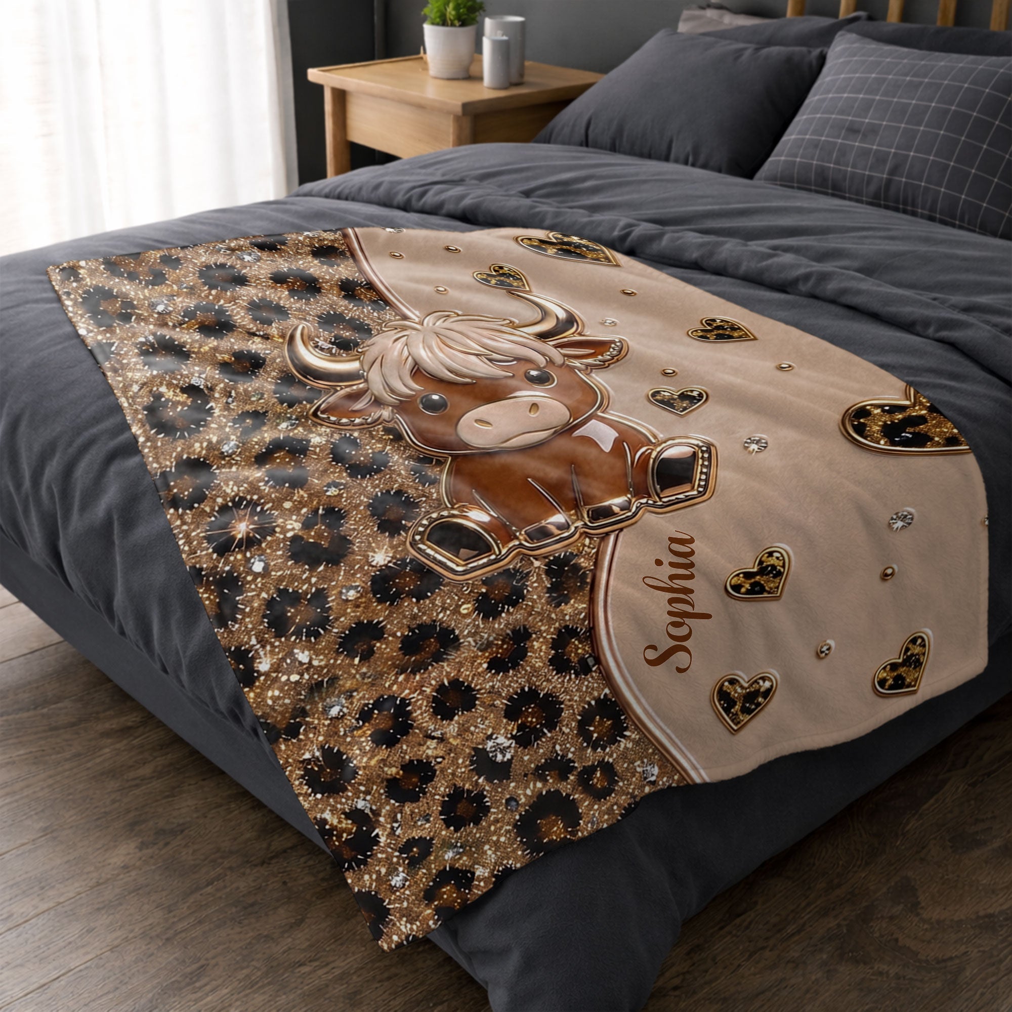 Personalized Highland Cow Blanket with Hearts Custom Gift for Animal Lovers