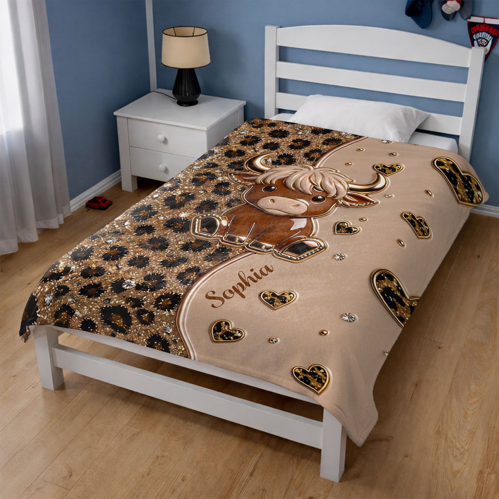 Personalized Highland Cow Blanket with Hearts Custom Gift for Animal Lovers