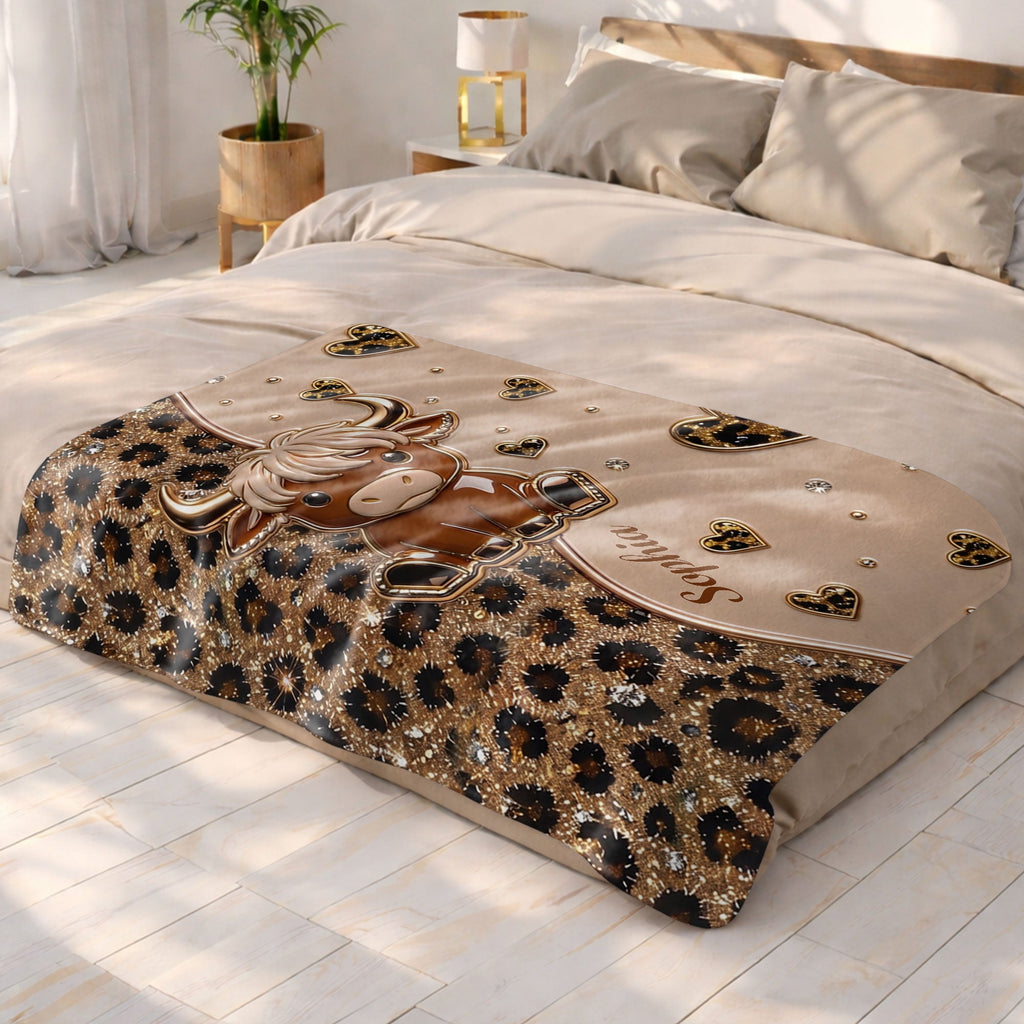 Personalized Highland Cow Blanket with Hearts Custom Gift for Animal Lovers