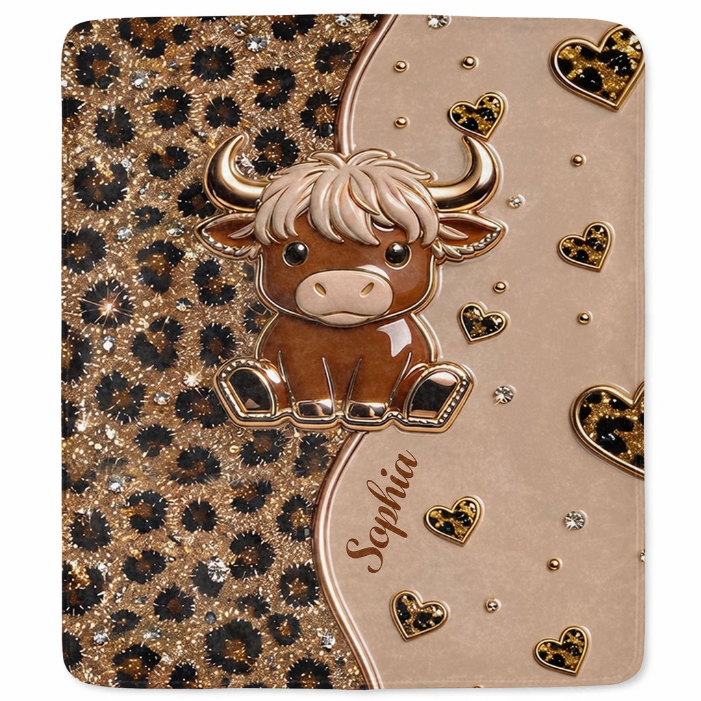 Personalized Highland Cow Blanket with Hearts Custom Gift for Animal Lovers