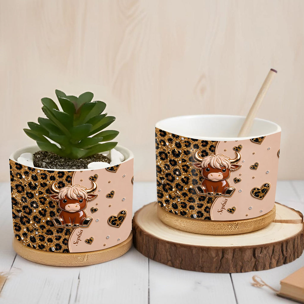 Personalized Highland Cow Ceramic Plant Pot Custom Name Gift