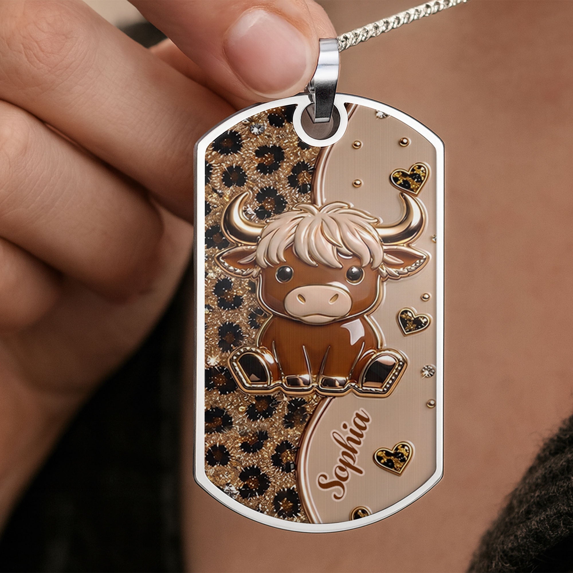 Personalized Highland Cow Dog Tag Necklace Custom Name Gift