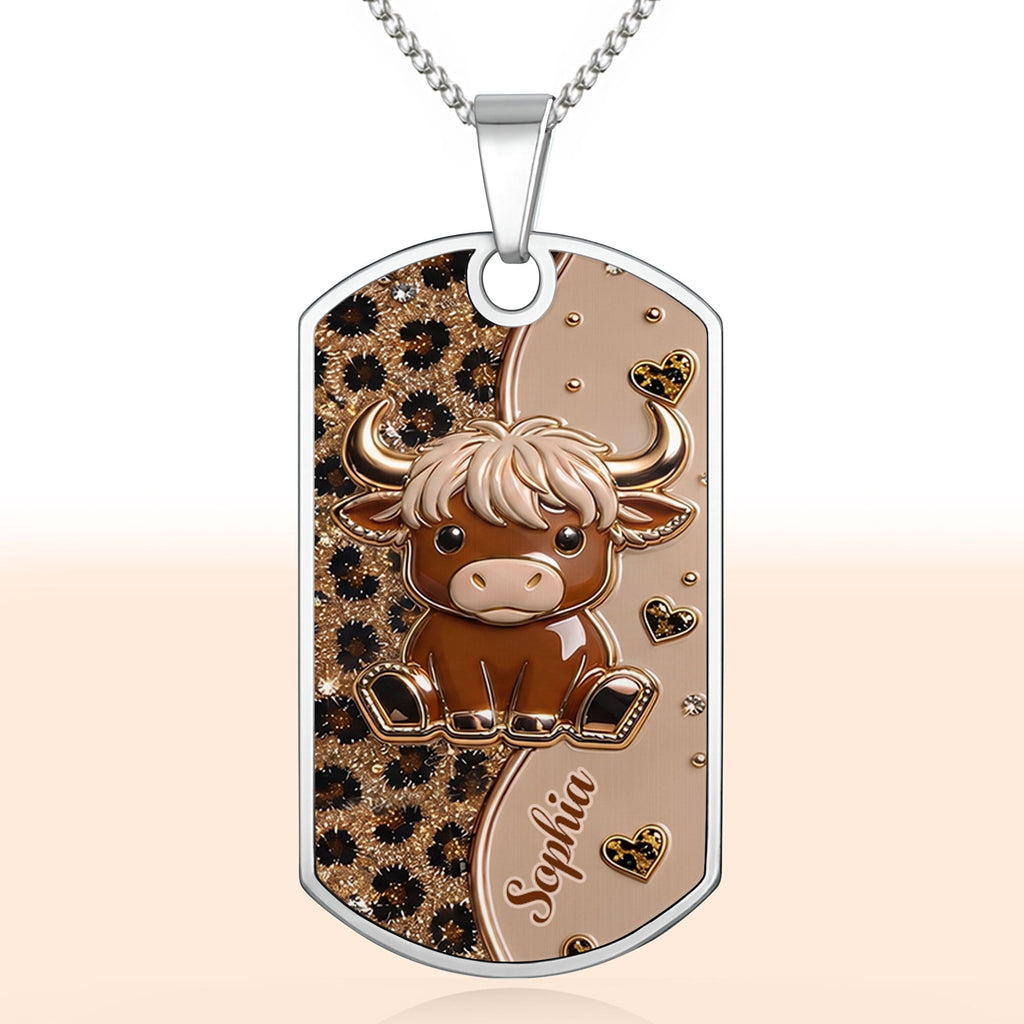 Personalized Highland Cow Dog Tag Necklace Custom Name Gift