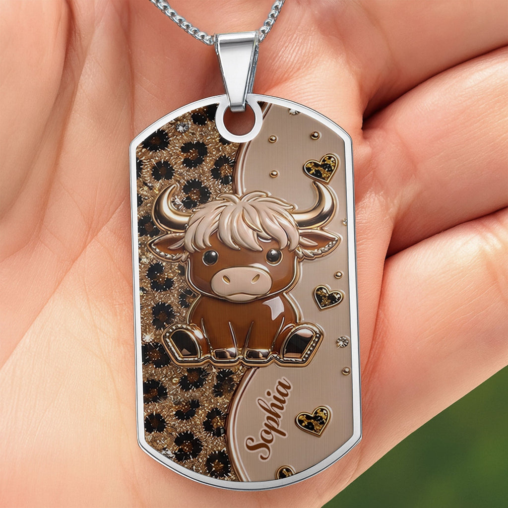 Personalized Highland Cow Dog Tag Necklace Custom Name Gift