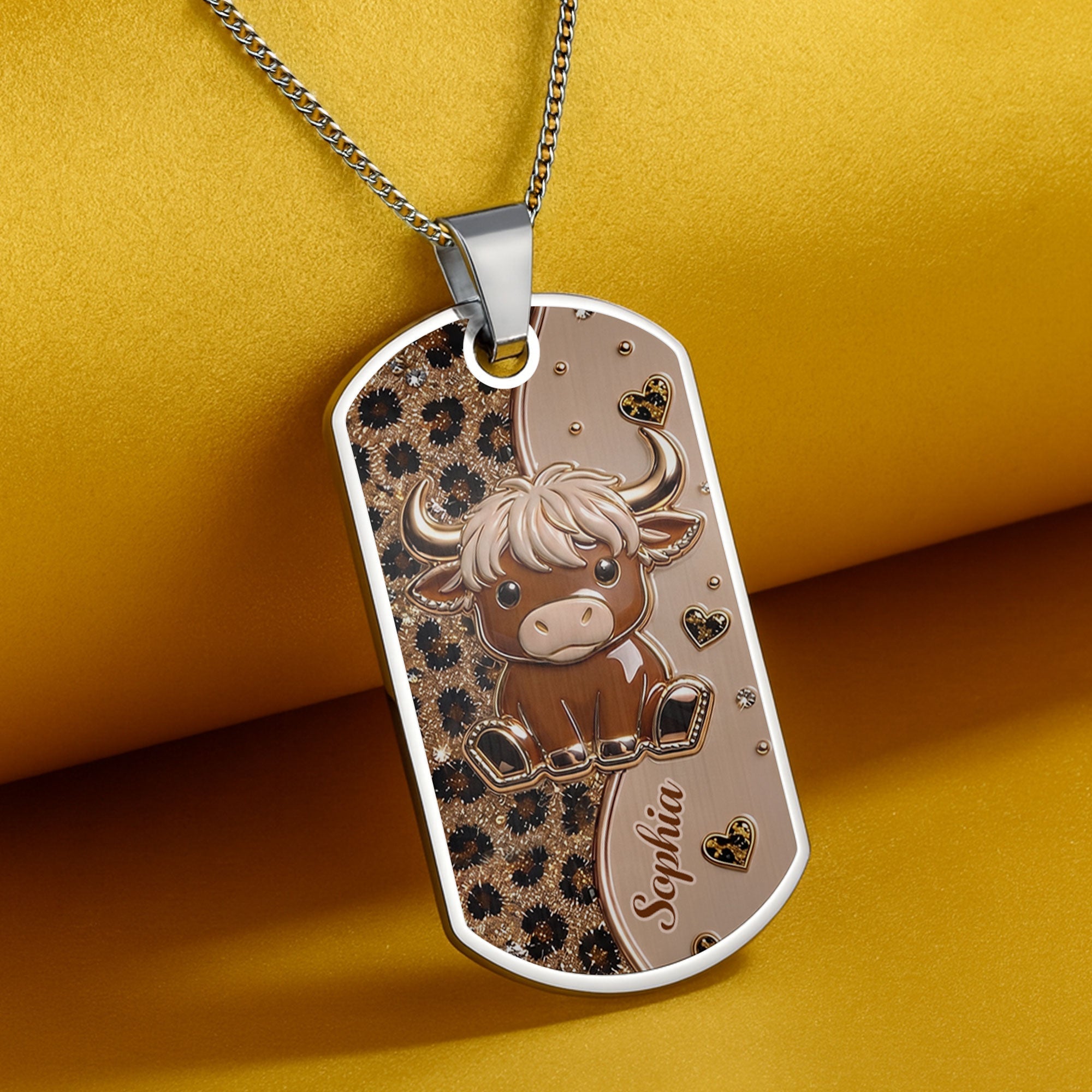 Personalized Highland Cow Dog Tag Necklace Custom Name Gift