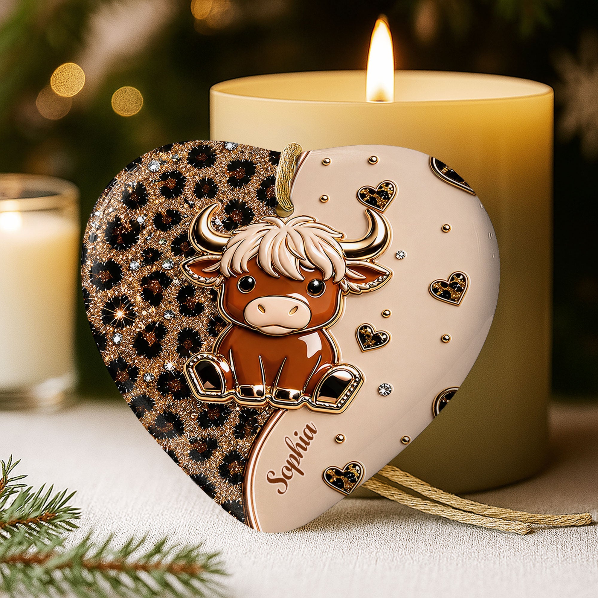 Personalized Highland Cow Heart Ceramic Ornament Custom Name Gift Ceramic Ornament GradoCreations