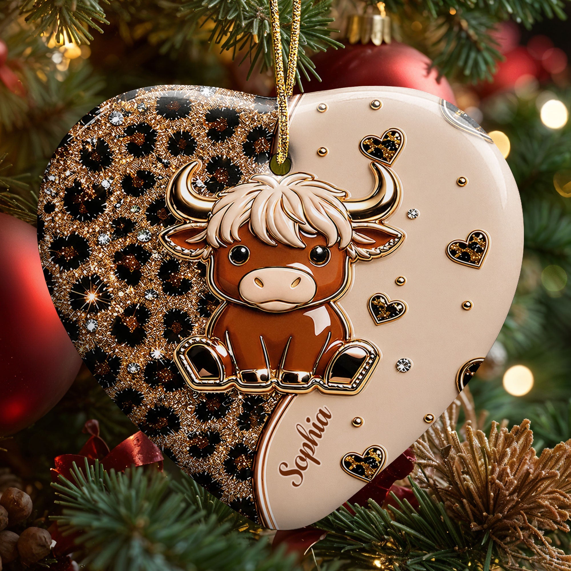 Personalized Highland Cow Heart Ceramic Ornament Custom Name Gift Ceramic Ornament GradoCreations