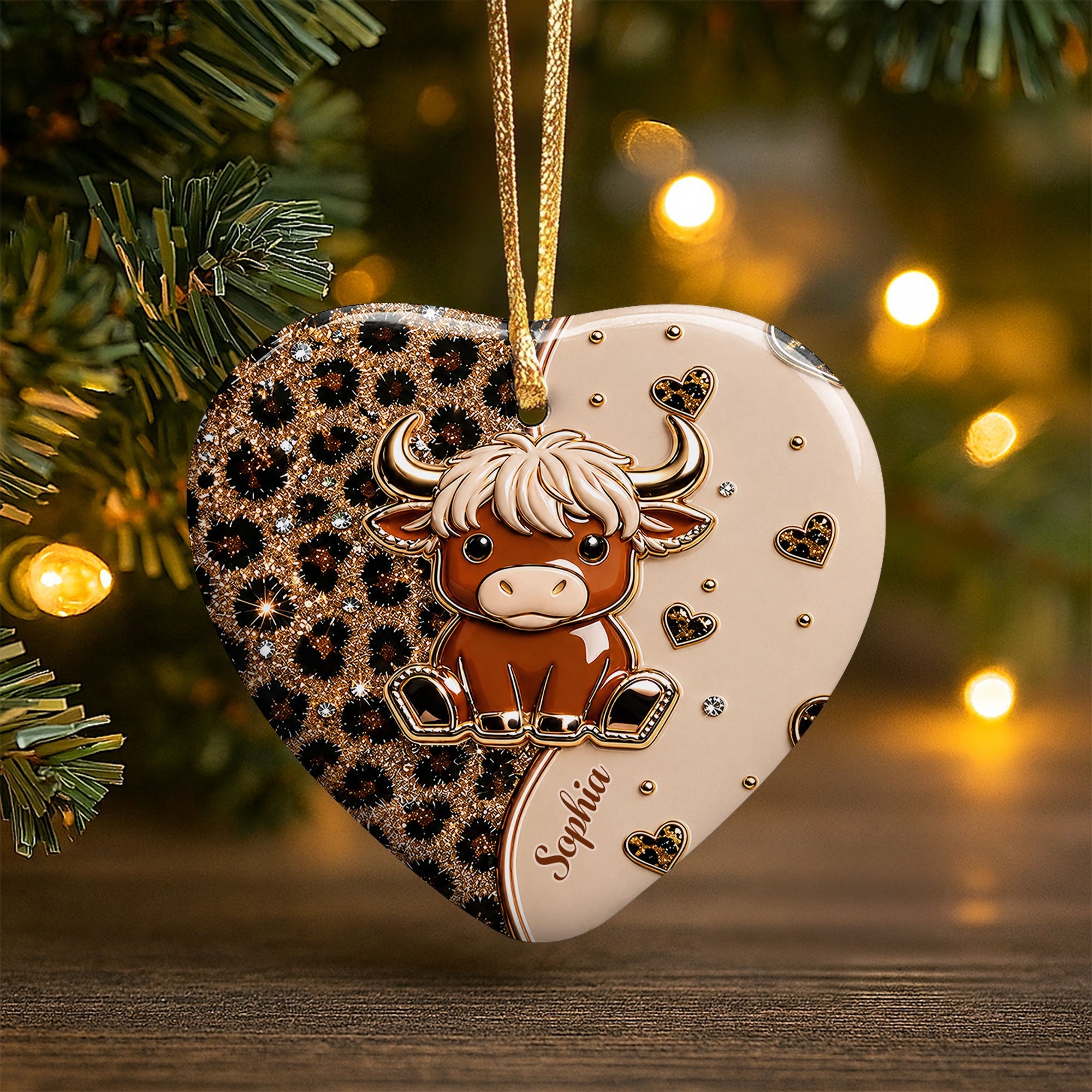 Personalized Highland Cow Heart Ceramic Ornament Custom Name Gift Ceramic Ornament GradoCreations