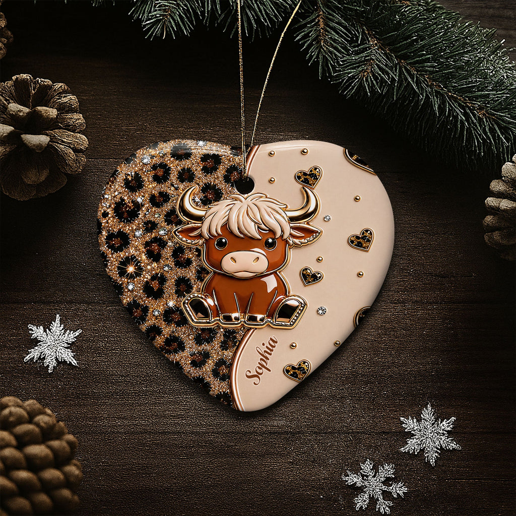 Personalized Highland Cow Heart Ceramic Ornament Custom Name Gift Ceramic Ornament GradoCreations