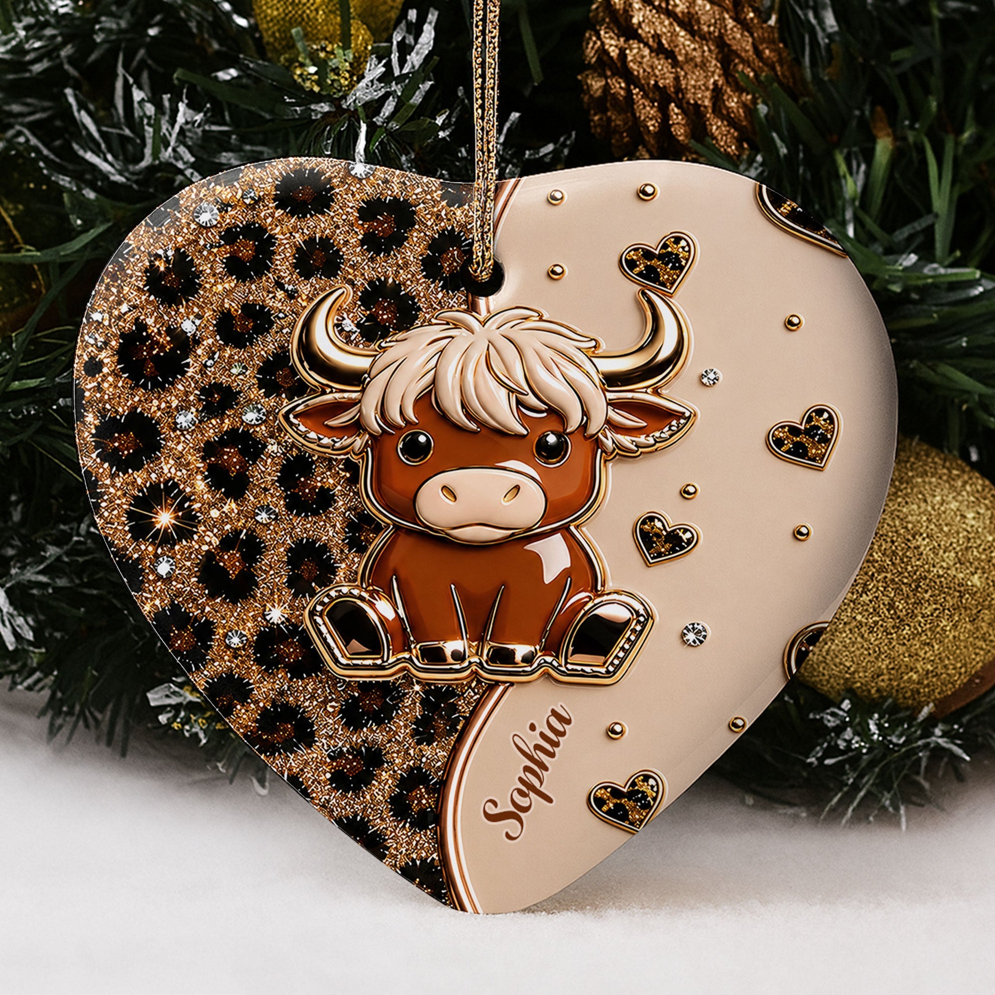 Personalized Highland Cow Heart Ceramic Ornament Custom Name Gift Ceramic Ornament GradoCreations