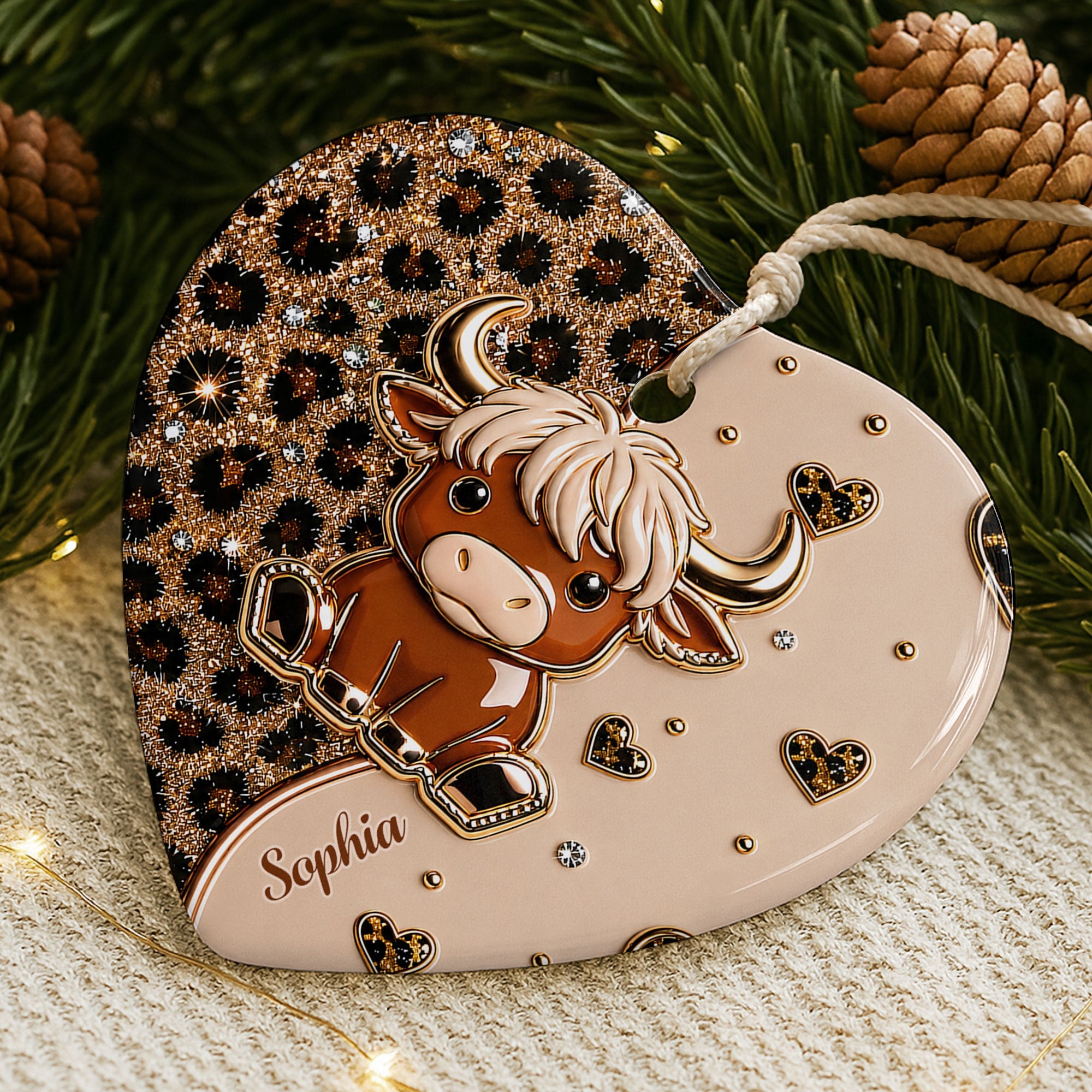 Personalized Highland Cow Heart Ceramic Ornament Custom Name Gift Ceramic Ornament GradoCreations