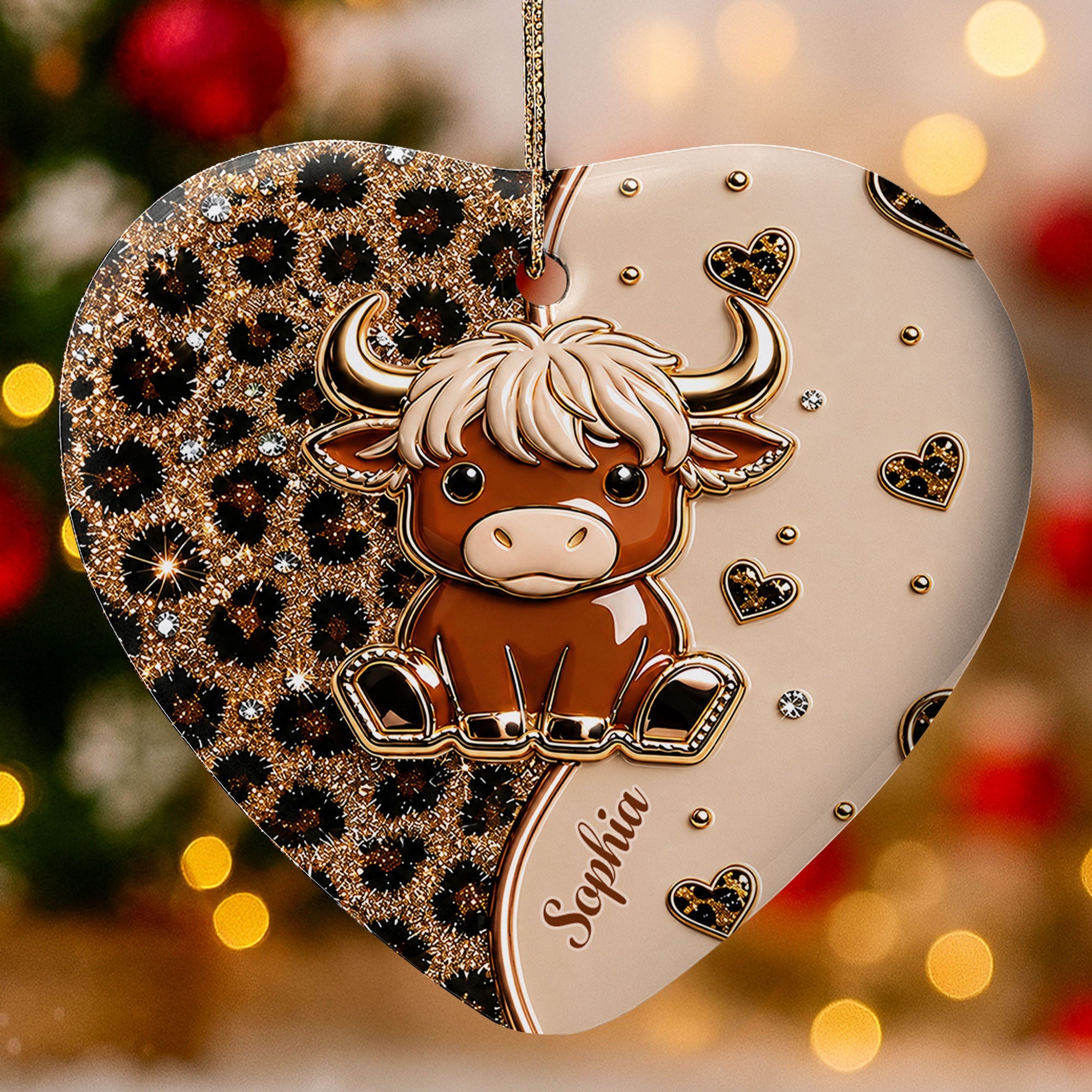 Personalized Highland Cow Heart Ceramic Ornament Custom Name Gift Ceramic Ornament GradoCreations