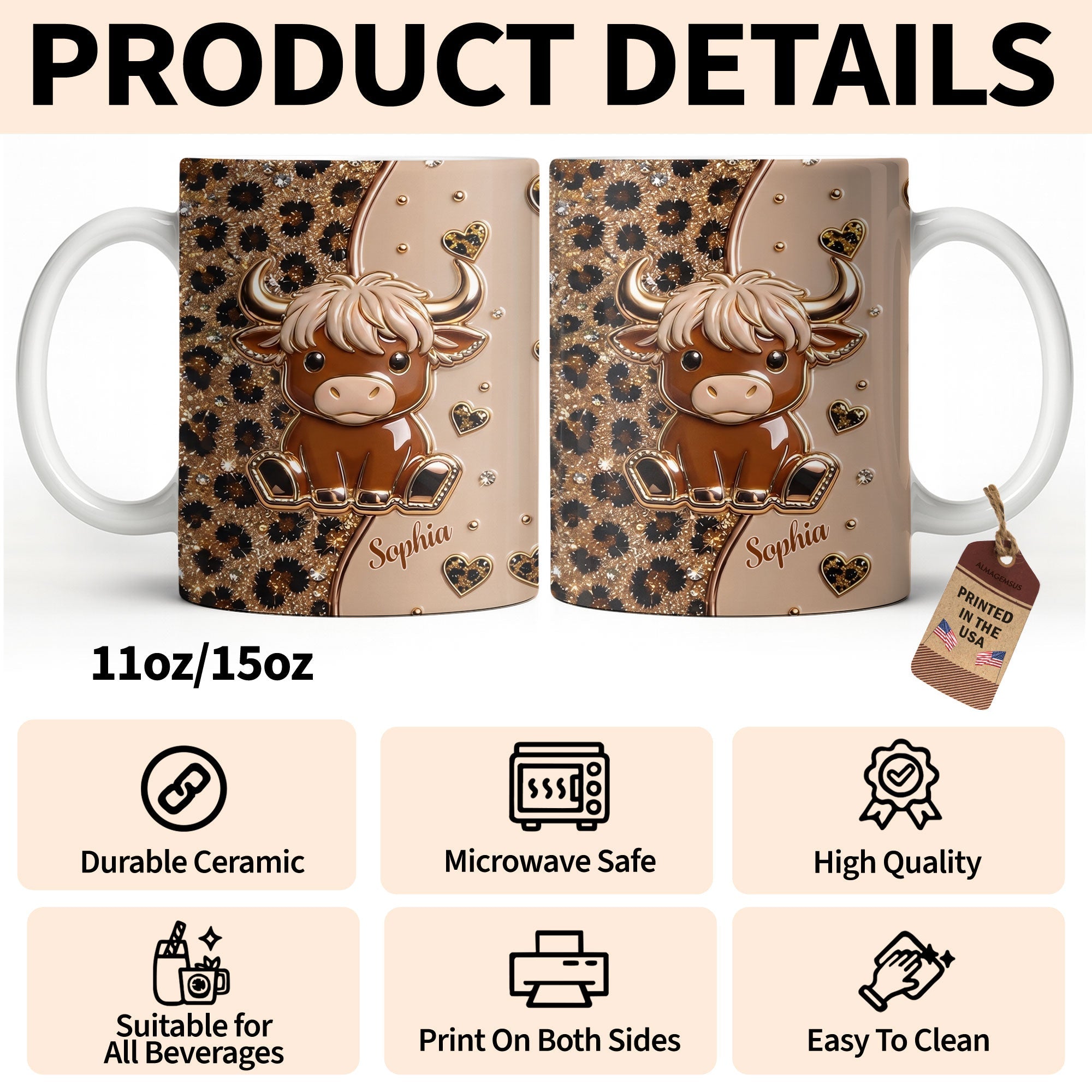 Personalized Cute Baby Highland Cow Mug Custom Name Gift for Cow Lovers Edge-to-edge Mug GradoCreations