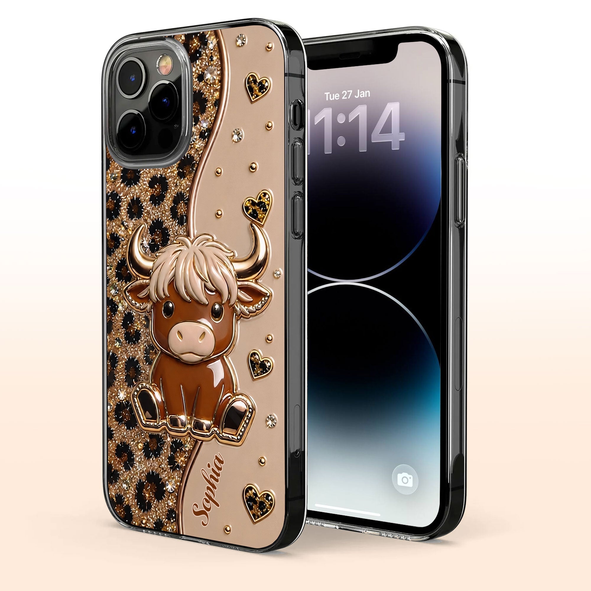 Personalized Clear Phone Case Cute Highland Cow Hearts Gift Clear Phone Case GradoCreations