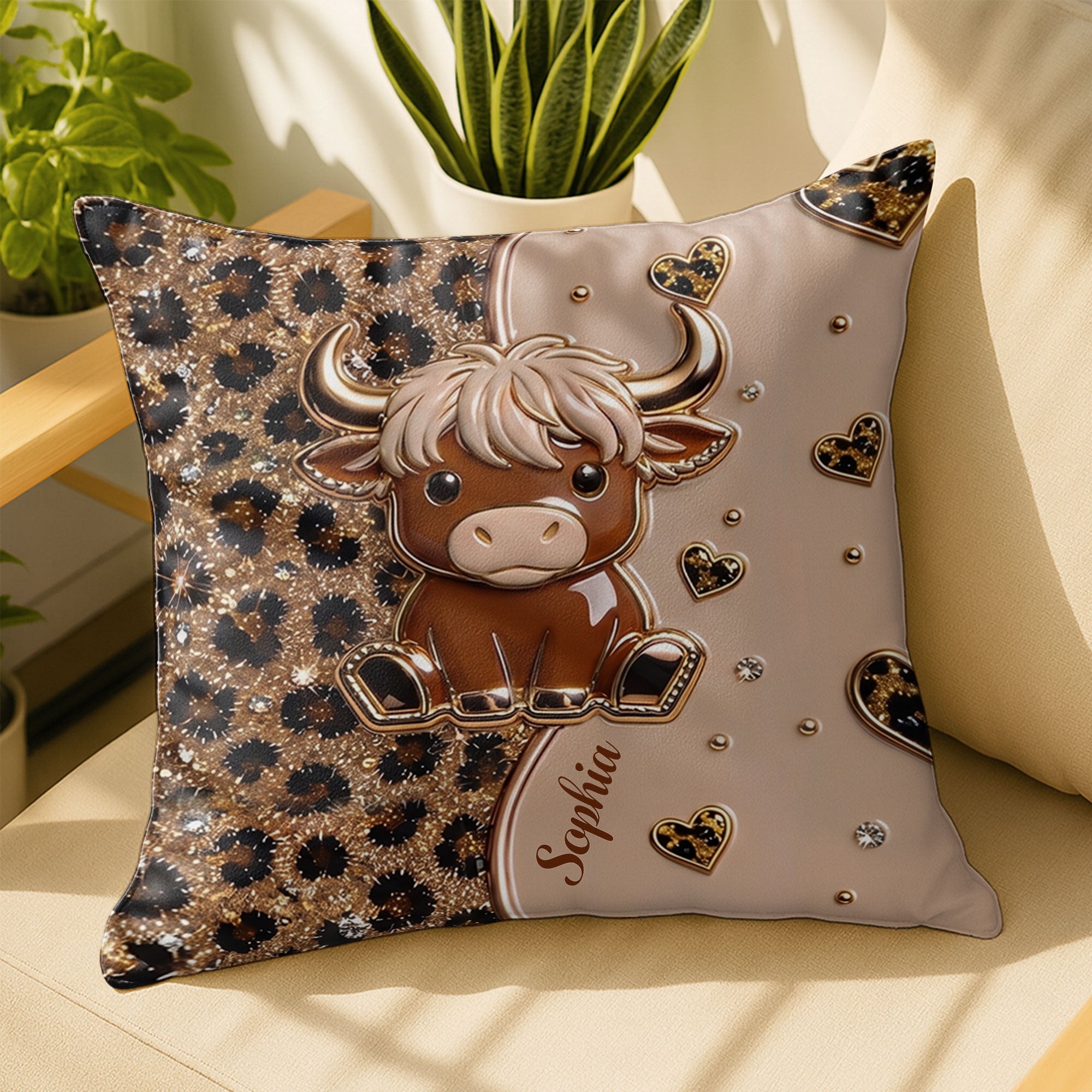 Personalized Highland Cow Pillow Custom Name Gift for Cow Lovers