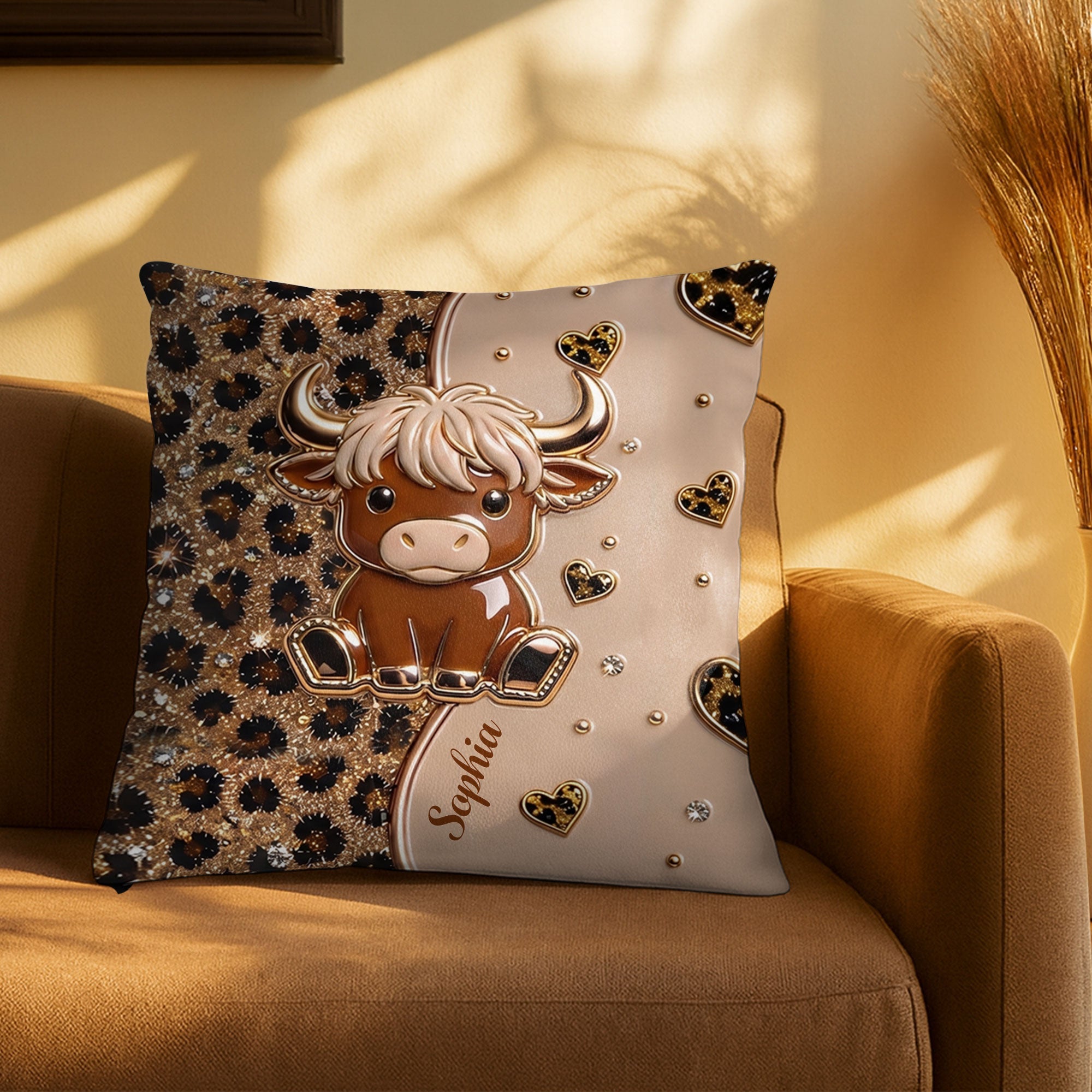 Personalized Highland Cow Pillow Custom Name Gift for Cow Lovers