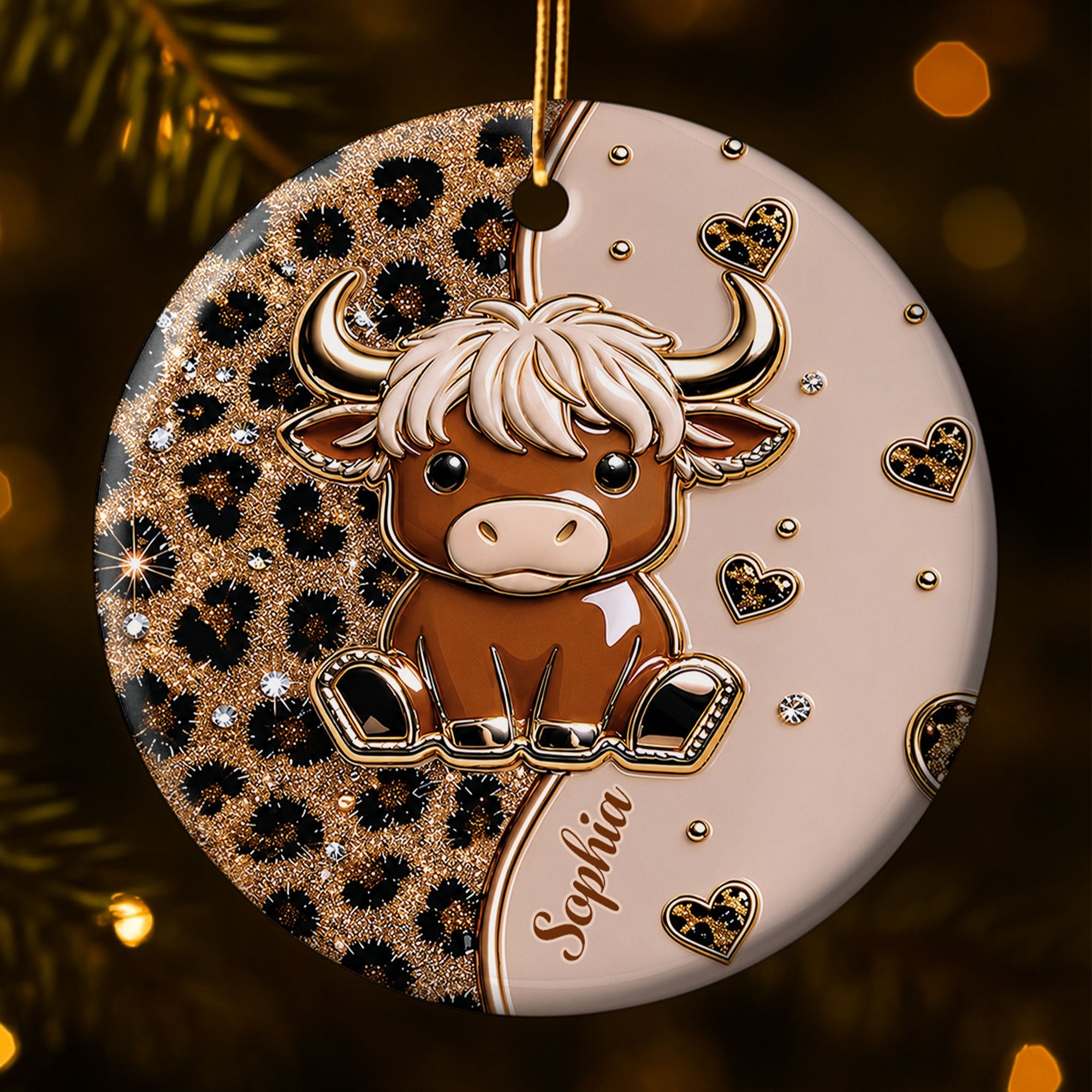 Personalized Highland Cow Ceramic Ornament Custom Name Gift Ceramic Ornament GradoCreations
