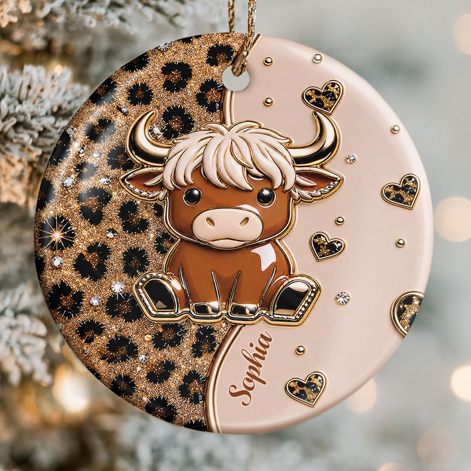 Personalized Highland Cow Ceramic Ornament Custom Name Gift Ceramic Ornament GradoCreations