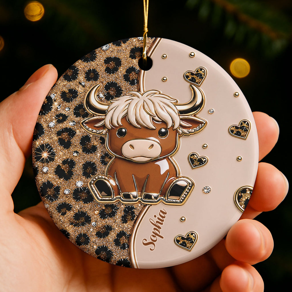 Personalized Highland Cow Ceramic Ornament Custom Name Gift Ceramic Ornament GradoCreations