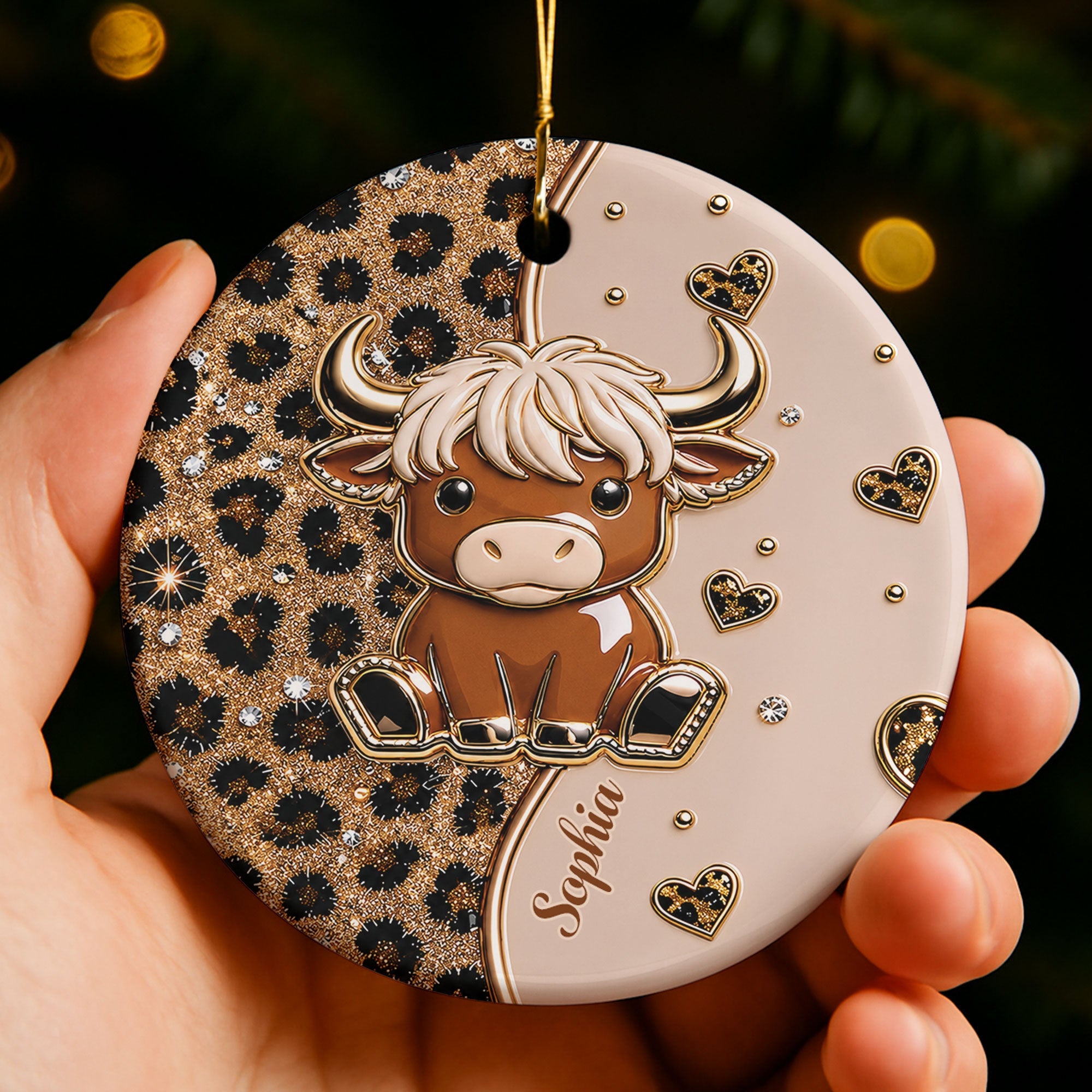 Personalized Highland Cow Ceramic Ornament Custom Name Gift Ceramic Ornament GradoCreations
