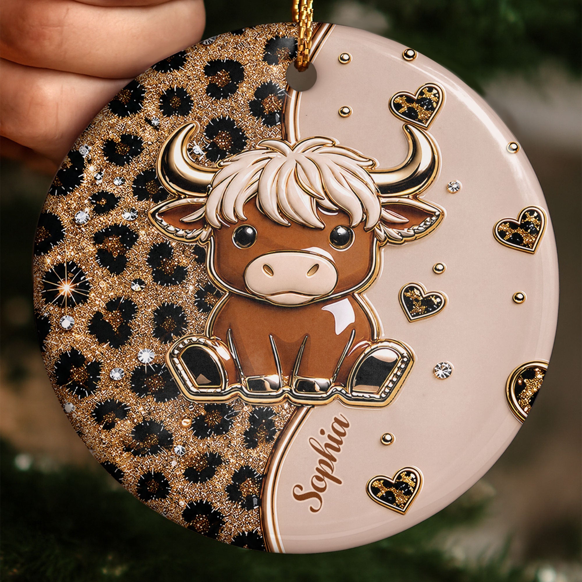 Personalized Highland Cow Ceramic Ornament Custom Name Gift Ceramic Ornament GradoCreations