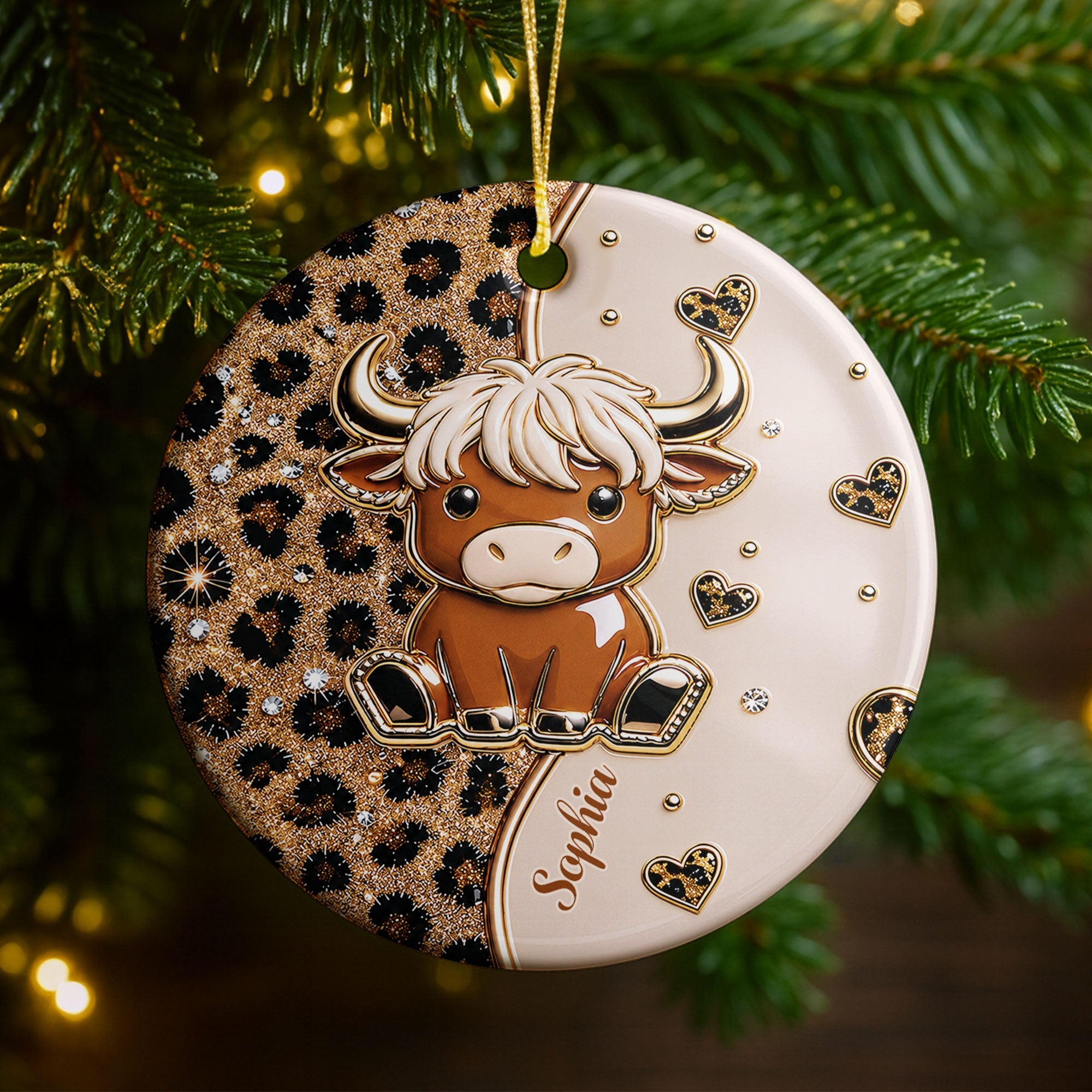 Personalized Highland Cow Ceramic Ornament Custom Name Gift Ceramic Ornament GradoCreations