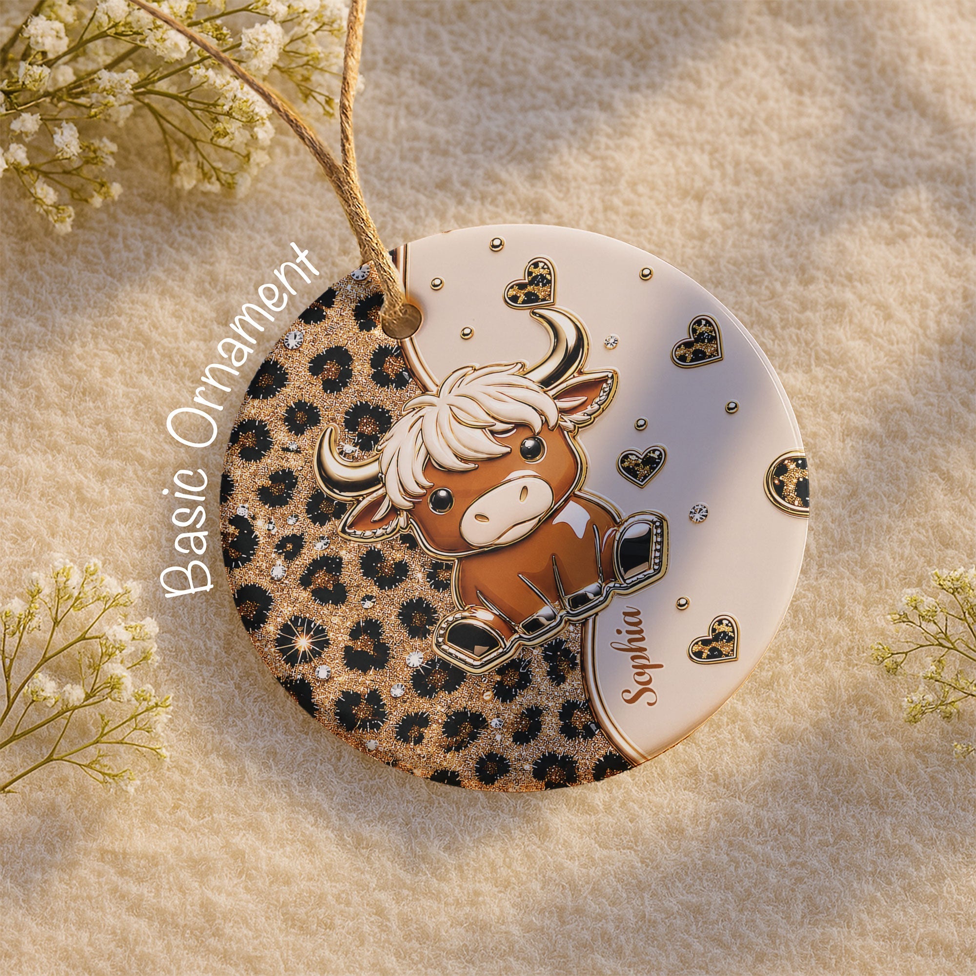 Personalized Highland Cow Ceramic Ornament Custom Name Gift Ceramic Ornament GradoCreations