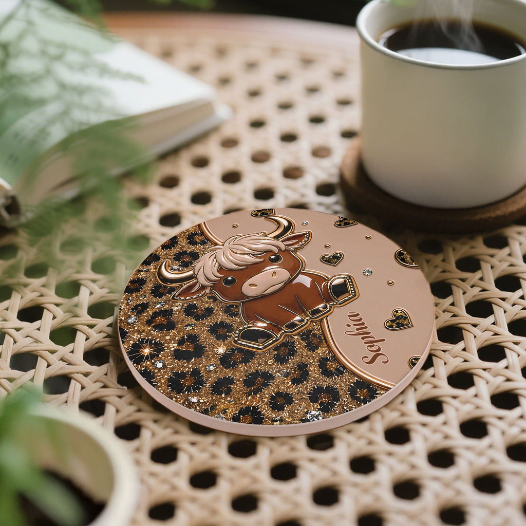 Personalized Cute Highland Cow Ceramic Coaster Gift for Her